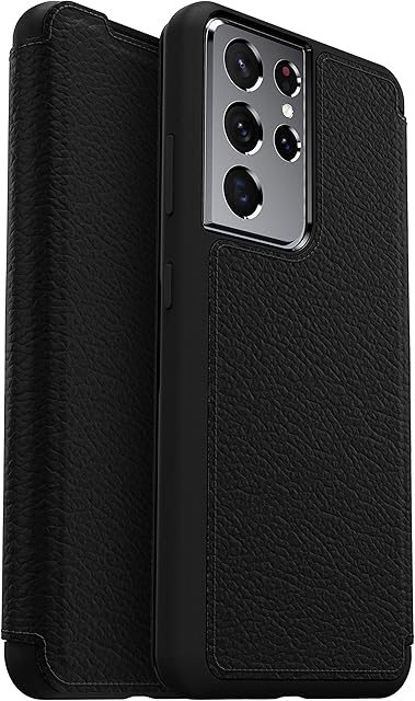 OtterBox Strada Case for Galaxy S21 Ultra 5G, Shockproof, Drop proof, Premium Leather Protective Folio with Two Card Holders, 3x Tested to Military Standard, Black, No Retail Packaging