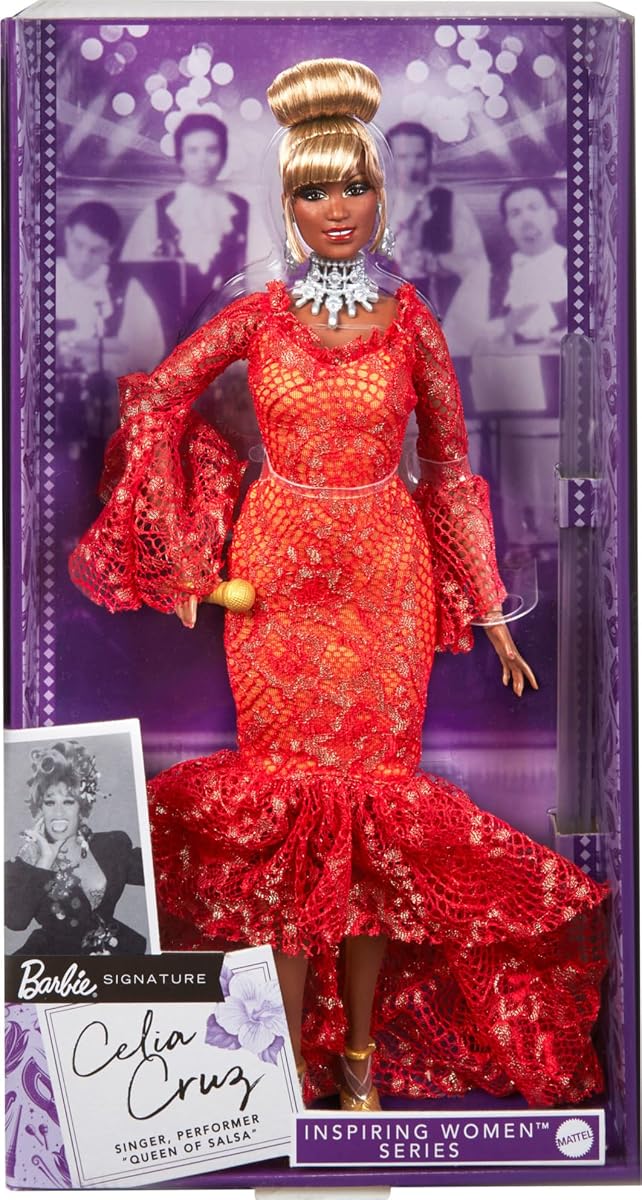 Muñeca Barbie Inspiring Women, Celia Cruz Reina de la Salsa con vestido de encaje rojo con micrófono dorado, coleccionable con soporte para muñeca y certificado de autenticidad