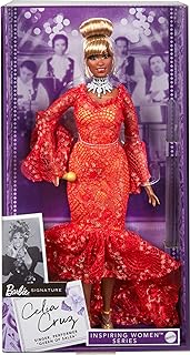 Inspiring Women Doll, Celia Cruz Queen of Salsa in Red Lace Dress with Golden Microphone, Collectible with Doll Stand & Certificate of Authenticity