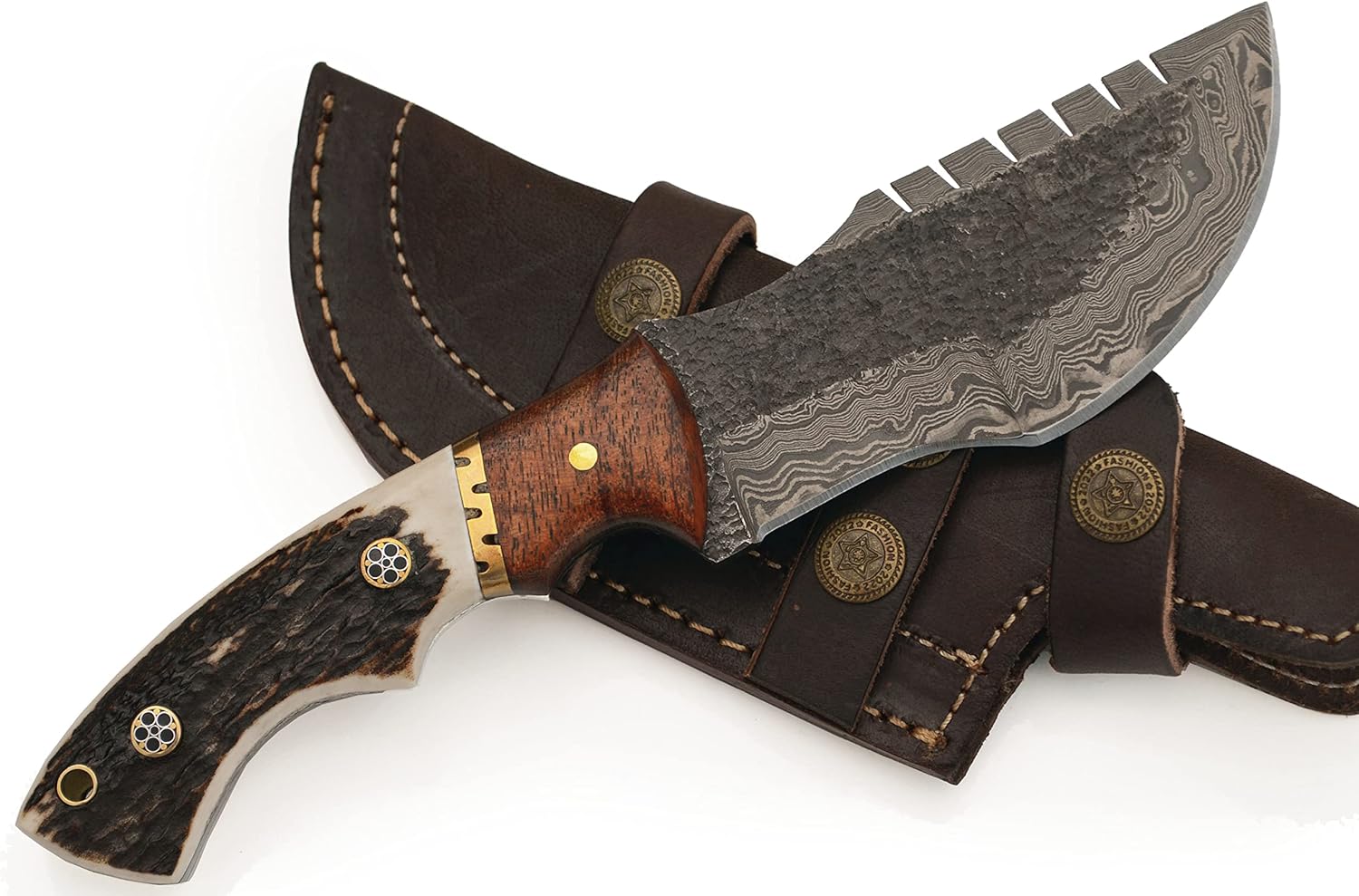 Tracker Knife - Stag Handle, Hammered Damascus Hunting Skinning Knives Blades Blade Knife