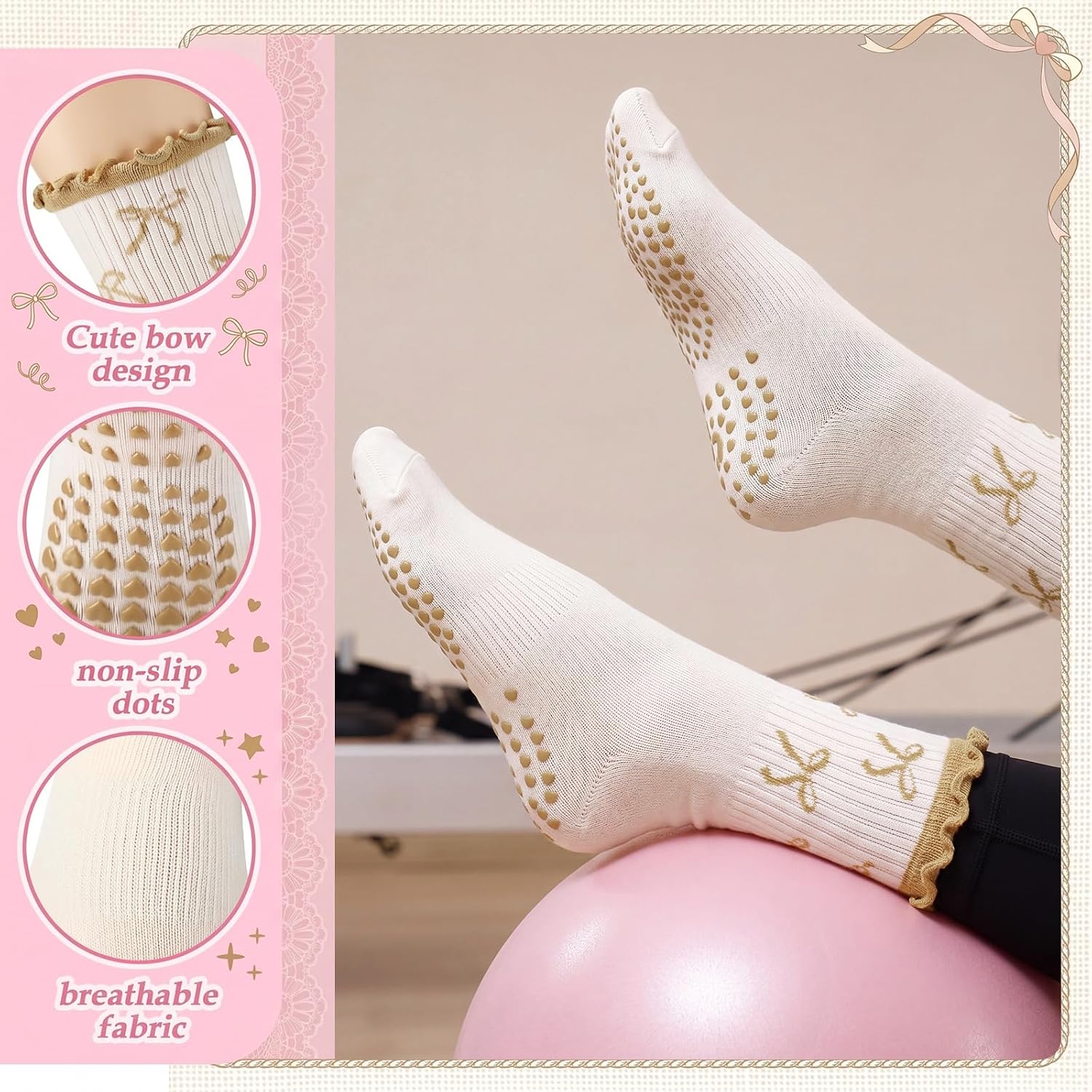 Jeyiour 8 Pairs Cute Bow Pilates Grip Socks for Women Non Slip Ruffle Yoga Grippy Socks for Barre Ballet Fitness Hospital