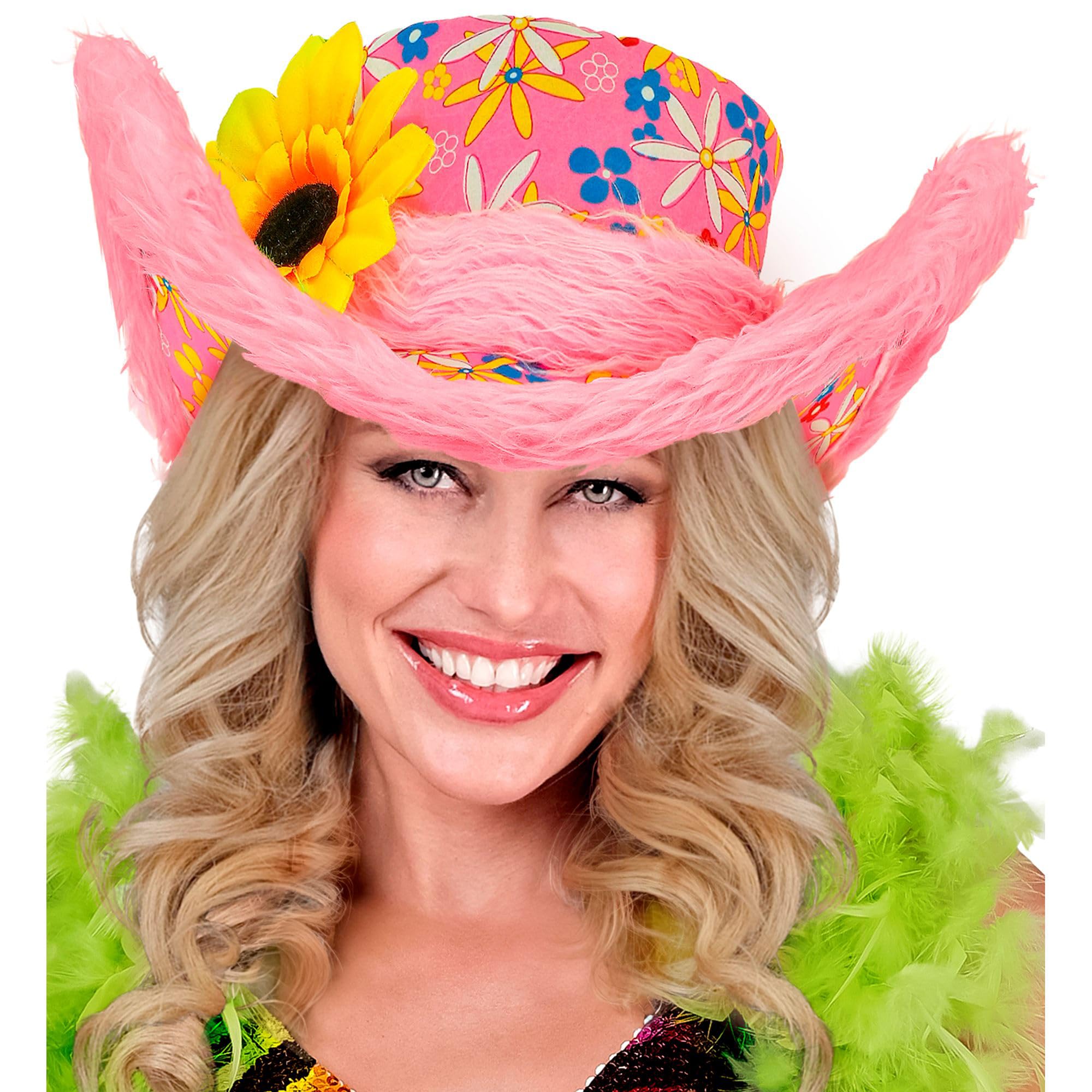 Ibiza with Plush Trim & Sunflower - Pink Hippie Hats Caps & Headwear for Fancy Dress Costumes Accessory - Image 4
