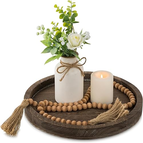 Hanobe Bandeja decorativa de madera para servir plato de madera redondo rústico para decoración de centro de mesa, bandejas pequeñas para