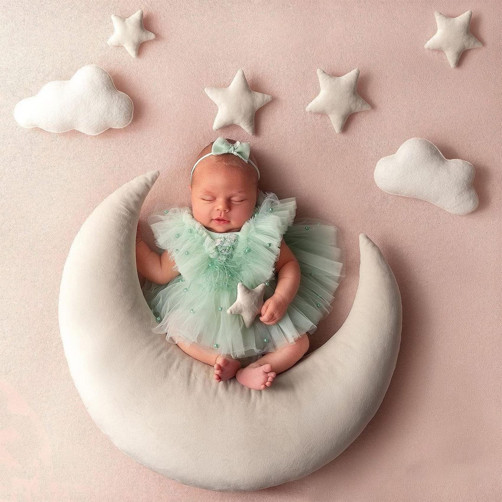 Lot de 4 accessoires de photographie pour nouveau-né - Demi-lune - Coussin et étoiles - Accessoires de photographie pour bébé - Accessoires de studio