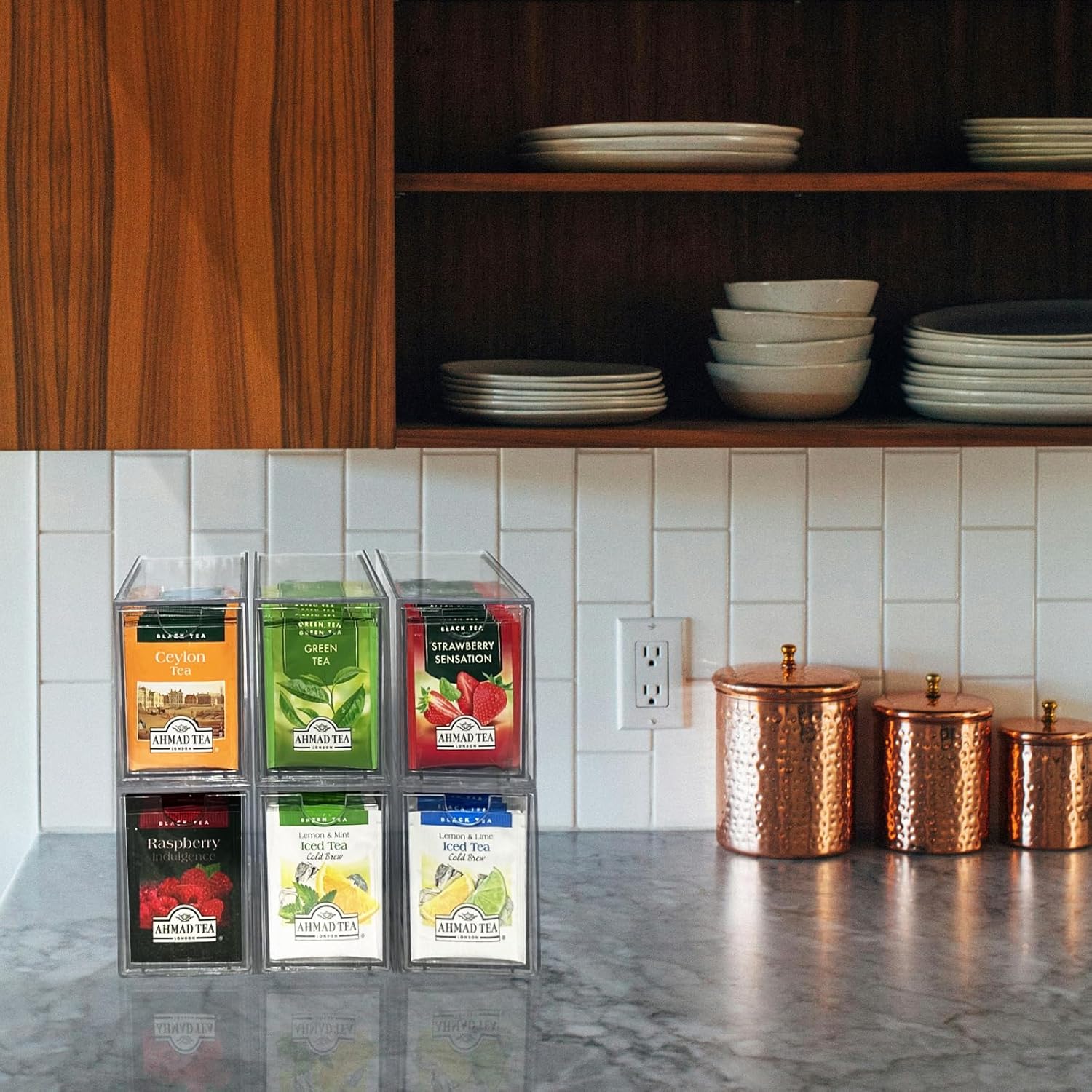 6-Pack Tea Bag Drawers Organizer - 6 Clear Plastic Drawer Tea Bag Holder; Stackable & Portable; Wider Size; Well-Organized Storage for Tea Bags Storage Chests；High Volume