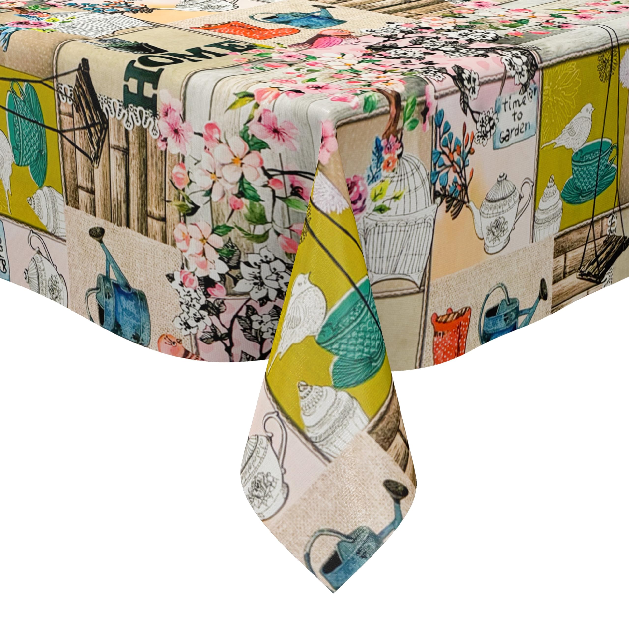 KEVKUS Nappe en toile cirée - Largeur : 160 cm - Motif oiseaux et fleurs de cerisier - Bois au choix - Rectangulaire, ronde et ovale - Dimensions : rectangulaire 160 x 180 cm avec ruban passepoilé