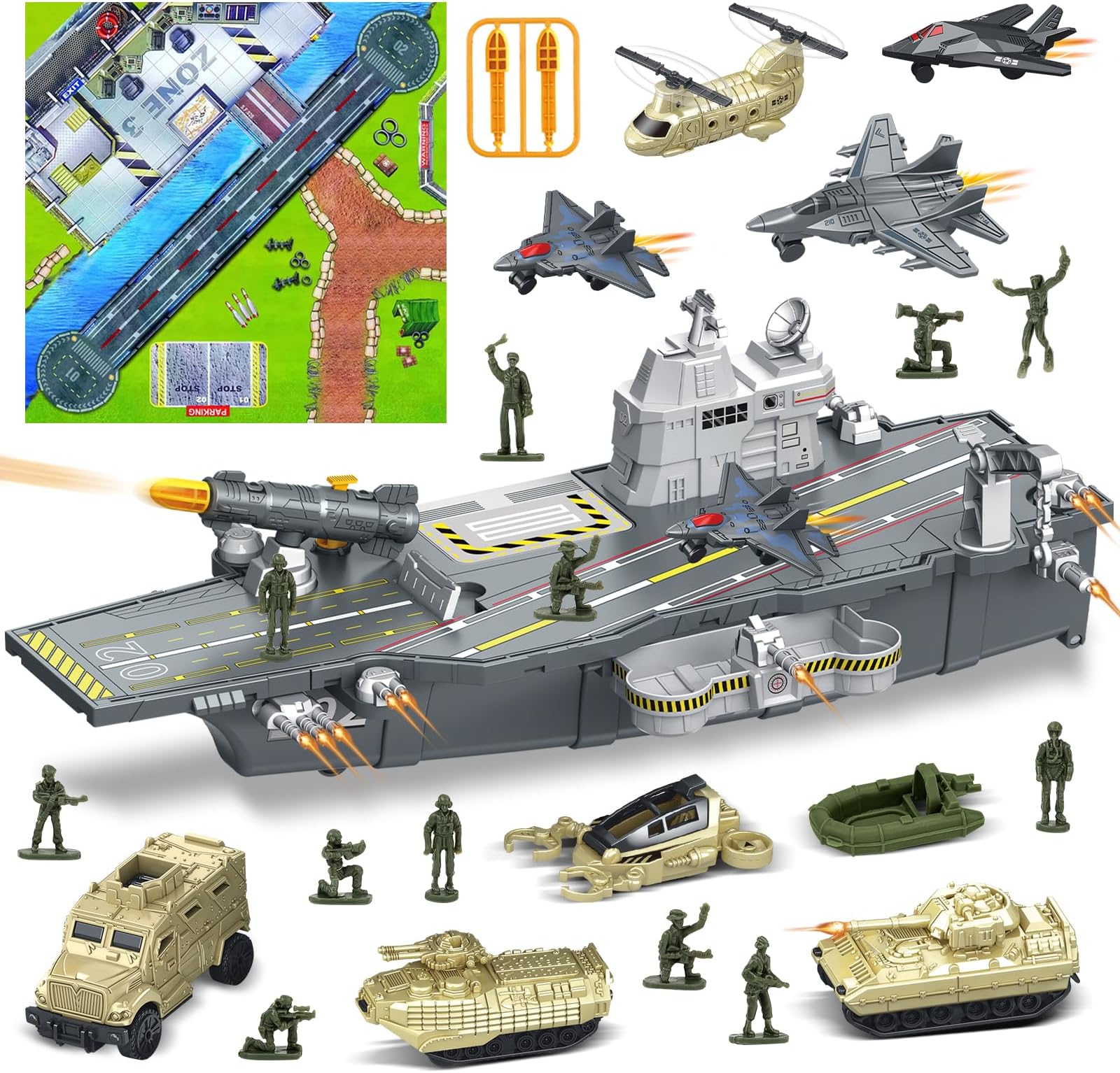 deAO Aircraft Carrier Battle Ship Army Toys Military Vehicles Warplanes Warships Helicopter Trucks Tank Army Men for Kids Boys Girls