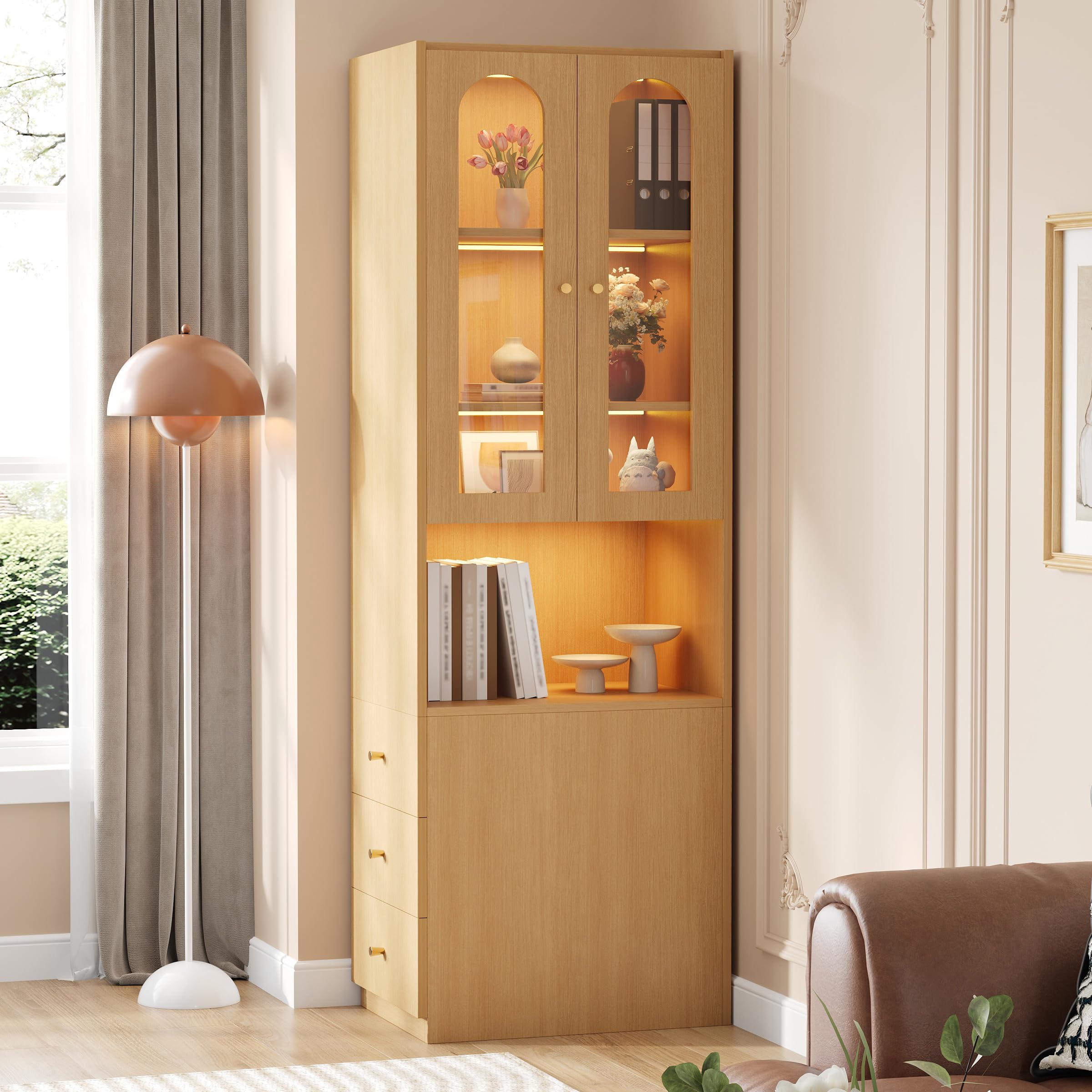 BTM Bücherschrank mit Glastüren, Vitrinenschrank mit LED & Schubladen Schmal Hochschrank Schrank Wohnzimmer, Holzoptik