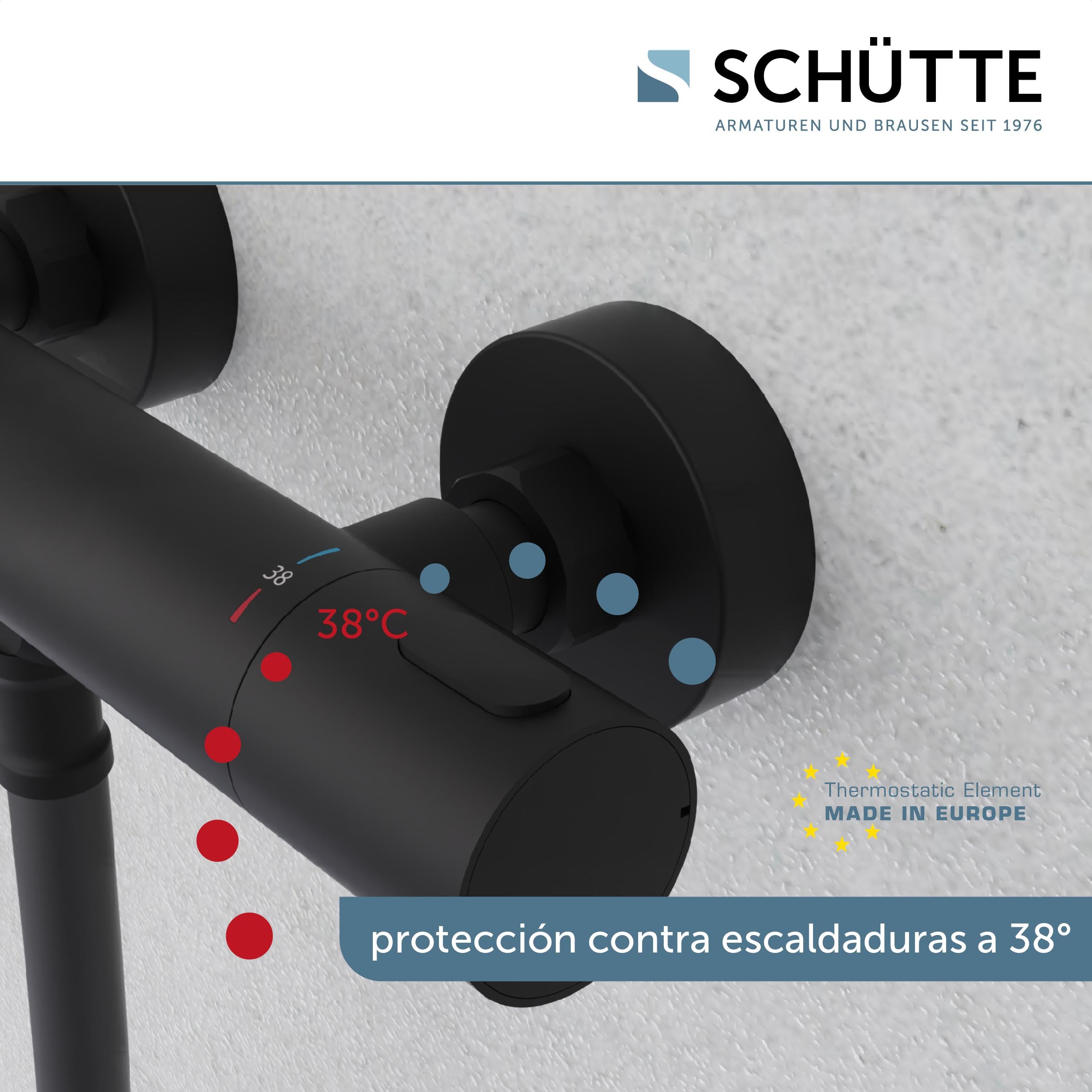 SCHÜTTE 33186 Los Angeles - Termostato para ducha, grifo mezclador con protección antiquemaduras a 38 °C, termostato de ducha, grifo para ducha, color negro