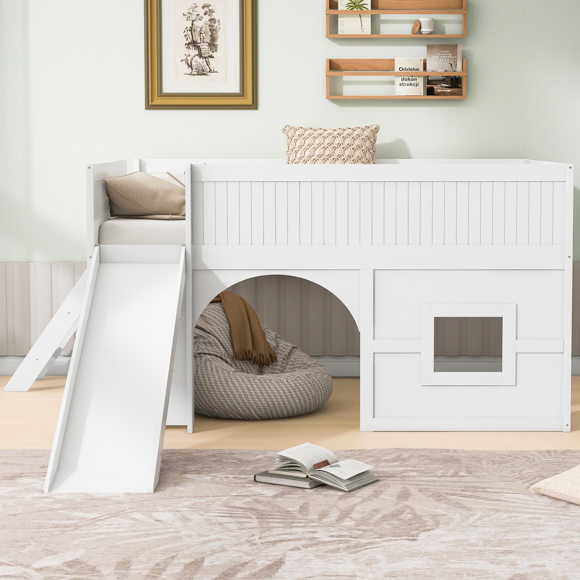 Low Loft Bed Full Size with Slide & Ladder & Storage Shelves,Wooden Full Loft Bed Frame with Safety Guardrails,Door and Window for Kids Teens Boys Girls,Under-Bed Play Space,No Box Spring Needed,White