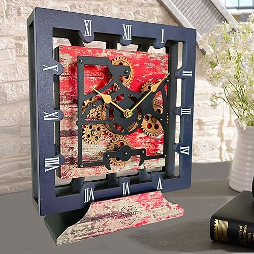 Miniatura 2 de THE GEARS CLOCK Reloj de escritorio de 10 pulgadas con engranaje móvil real cuadrado convertible en reloj de pared (lava roja) Lava Roja,Aqua