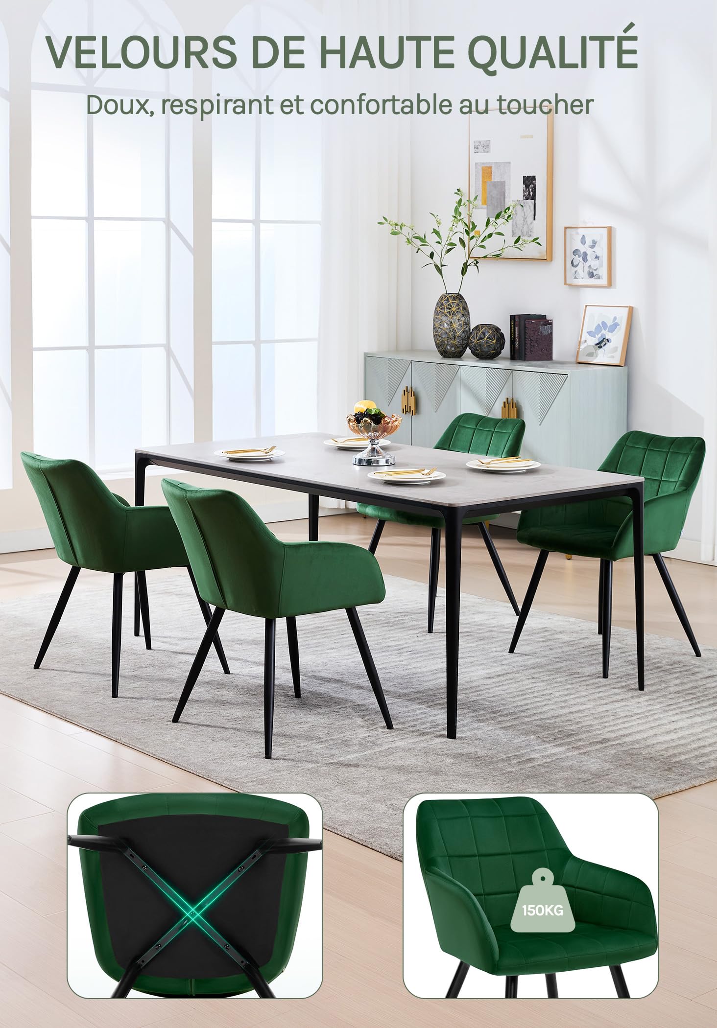 WOLTU Lot de 6 Chaise de Salle à Manger, Chaise de Cuisine rembourrée en Velours, Pied en métal,Vert Foncé.