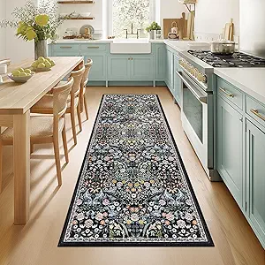 Runner Rug for Entryway: 2x6 Kitchen Rugs Non Slip Washable Ultra-Thin Soft Floral Carpet Indoor Stain Resistant Carpets for Hallway Bedroom Kitchen Laundry Bathroom Dorm Dark Black