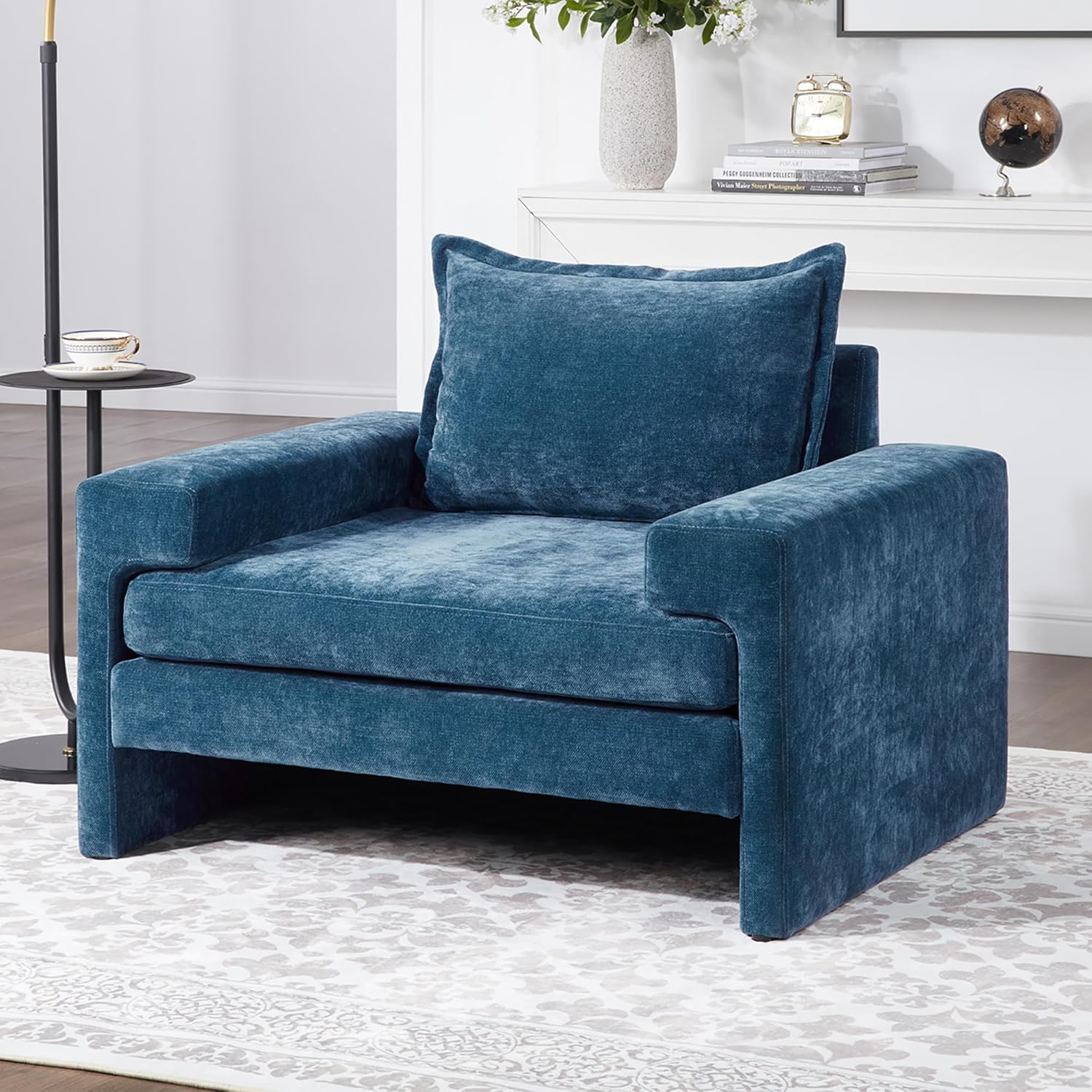 Christopher Knight Home Aylen Modern Chenille Upholstered Accent Chair with Wide Armrests, Wooden Living Room Club Chair, Bedroom Comfy Reading Chair with Back Pillow, Blue