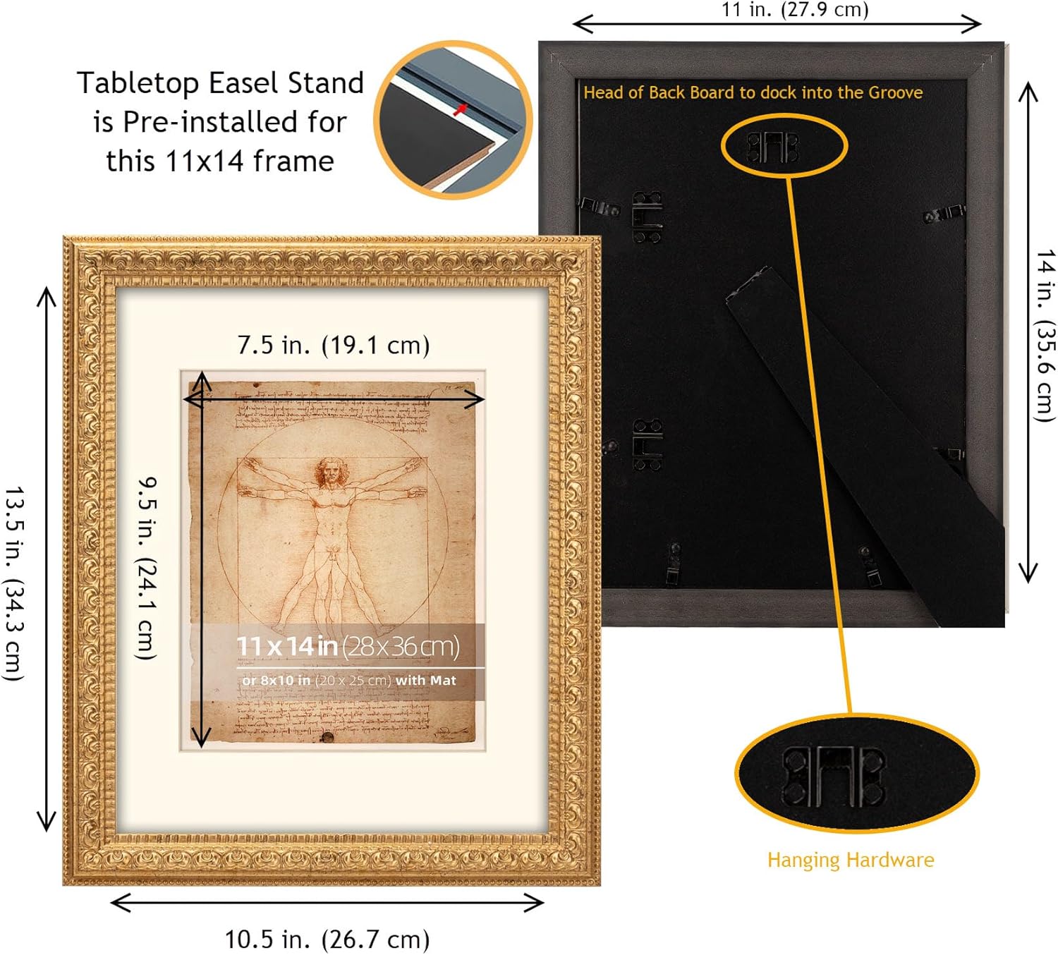 11x14 Distressed Gold Ornate Vintage Picture Frame, With Mat 8x10 inches, Real Glass Protection, Horizontal or Vertical Display - Image 6