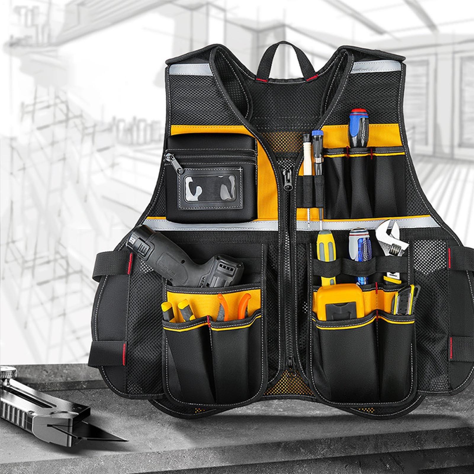 Chaleco de herramientas de carpintero - Chaqueta de trabajo ajustable | resistente para electricistas | Bolsillos para herramientas manuales, instrumentos de medición, equipo de construcción profes