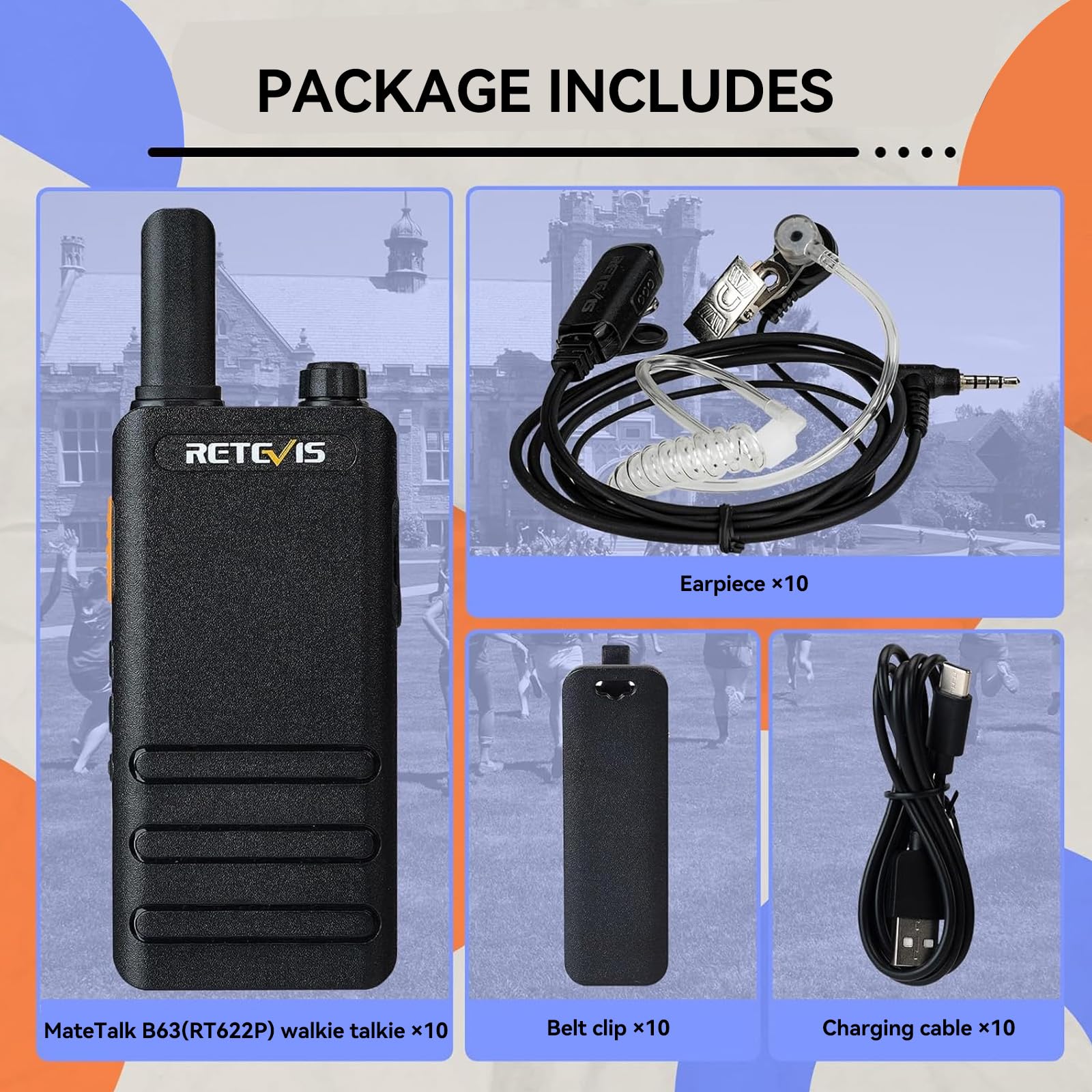 Retevis Talkie-Walkie RT622P, PMR 446 Talkie-Walkie Professionnel avec Écouteurs Rechargeables, 1620 mAh, VOX, 16 CTCSS DCS Talkie-Walkie Portable Léger pour Écoles, Hôtels (10 Pièces, Noir)