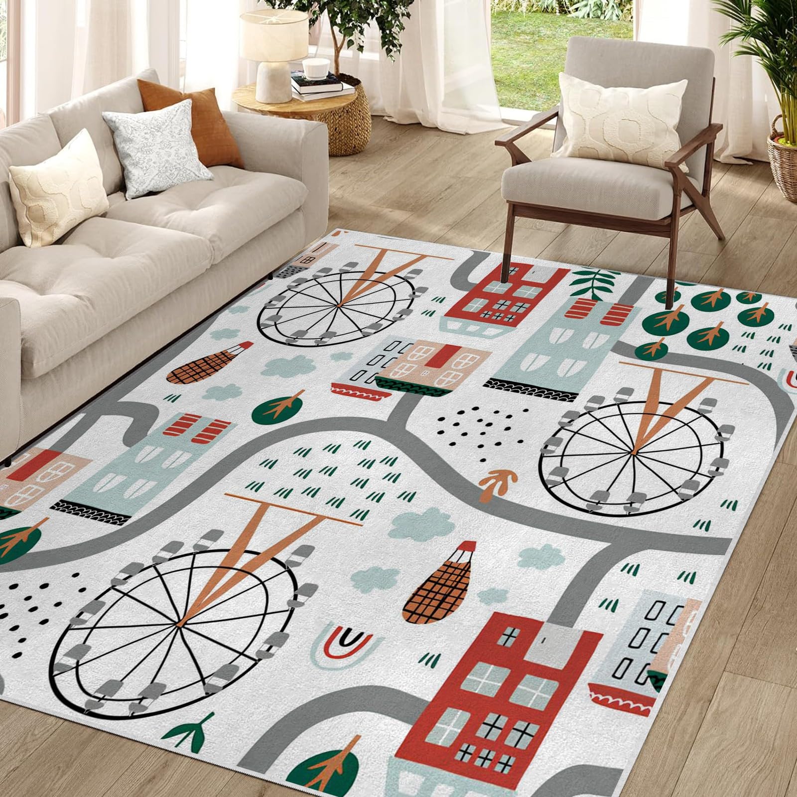 Houses Ferris Wheel Area Rugs Living Room Large 160x230, Washable Cartoon Rainbow Trees Rug, Town Road Map Carpets Decor, Thin Low Pile Floor Mat, Large Rugs for Living Room Bedroom Dining Playroom
