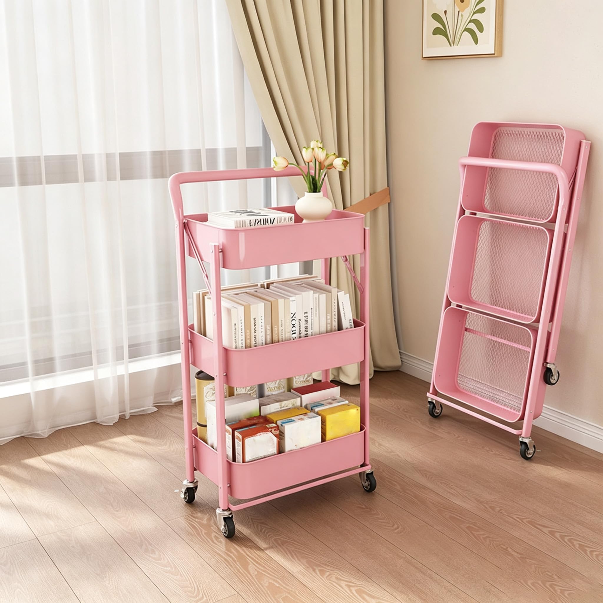 3-Tier Trolley On Wheels, Space-Saving Metal Foldable Bathroom Trolley