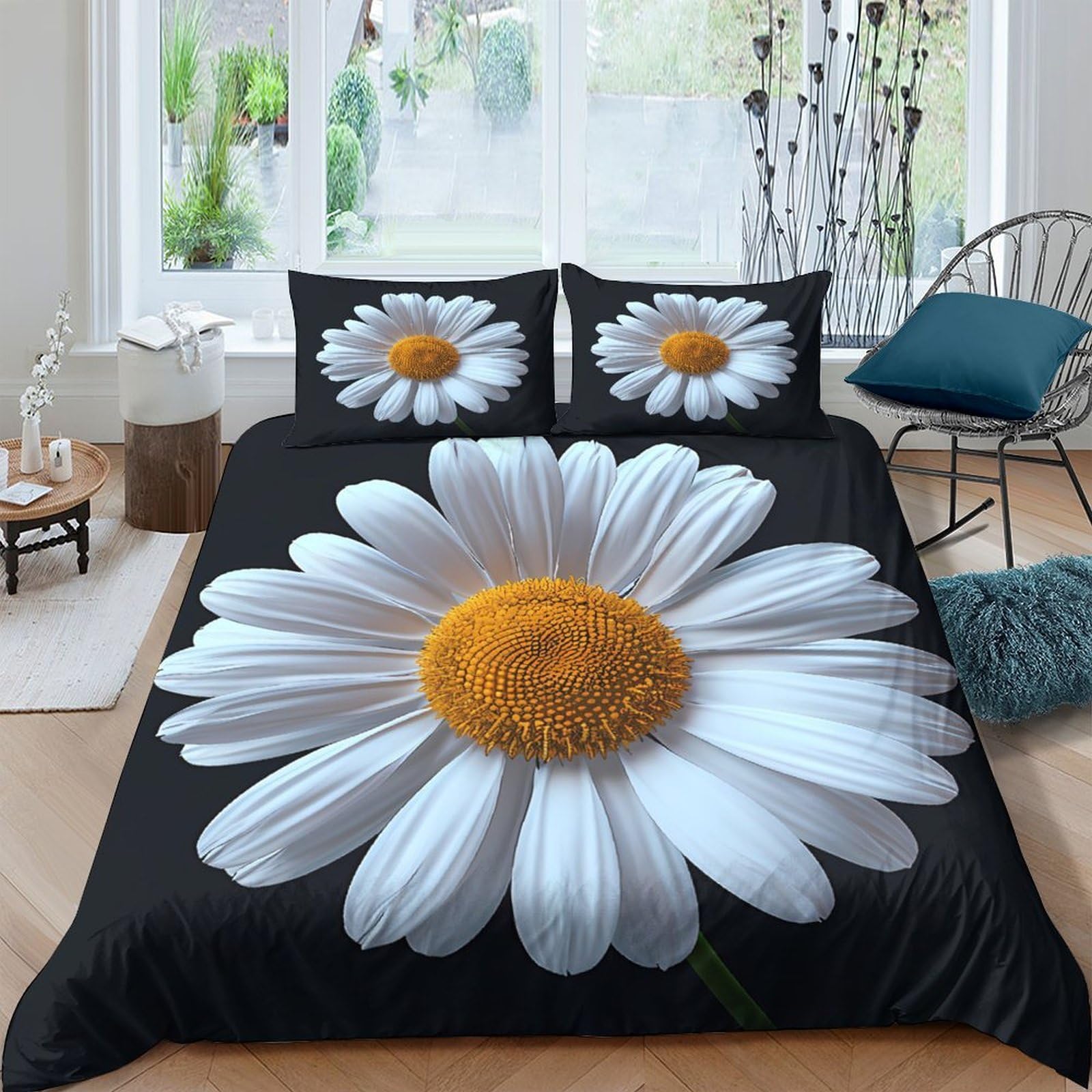 Ctjqhvkz Style-10 3D Printed Daisy Blossom Fitted Sheet Microfiber Non-Slip Bed Cover White Yellow Floral For Bedroom Decor Single（135X200cm）