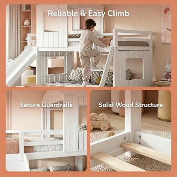 Harper & Bright Designs Wooden Twin Over Full Bunk Bed with Convertible Slide and Ladder Farmhouse Loft Bed with Playhouse Roof -Length Guardrails, Two Assembly Options (White)