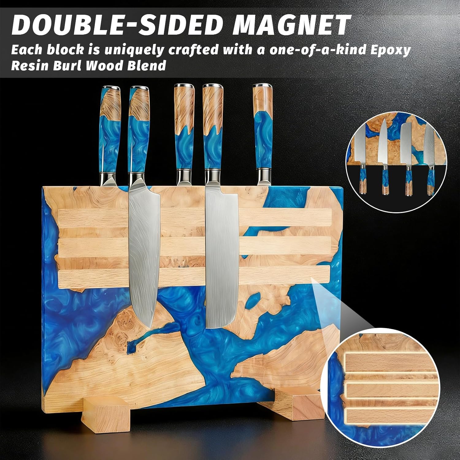 Premium Artisan Magnetic Knife Block - Double Sided 16 Knife Holder - Handcrafted Burl Wood & Blue Resin River Design - Stable Countertop Stand - Professional Kitchen Storage(No Knife)