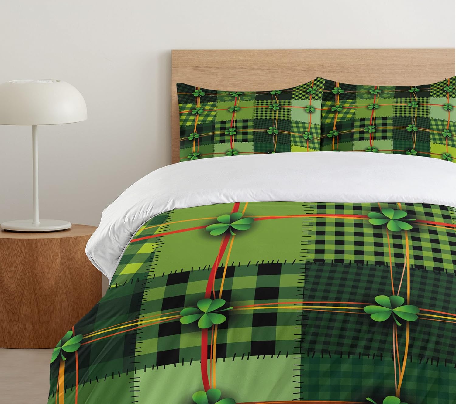 Ambesonne Irish Duvet Cover Set, Patchwork Style St. Patrick's Day Themed Celtic Quilt Cultural Checkered Clovers, Decorative 3 Piece Bedding Set with 2 Pillow Shams, Queen Size, Green Orange Queen Green Orange