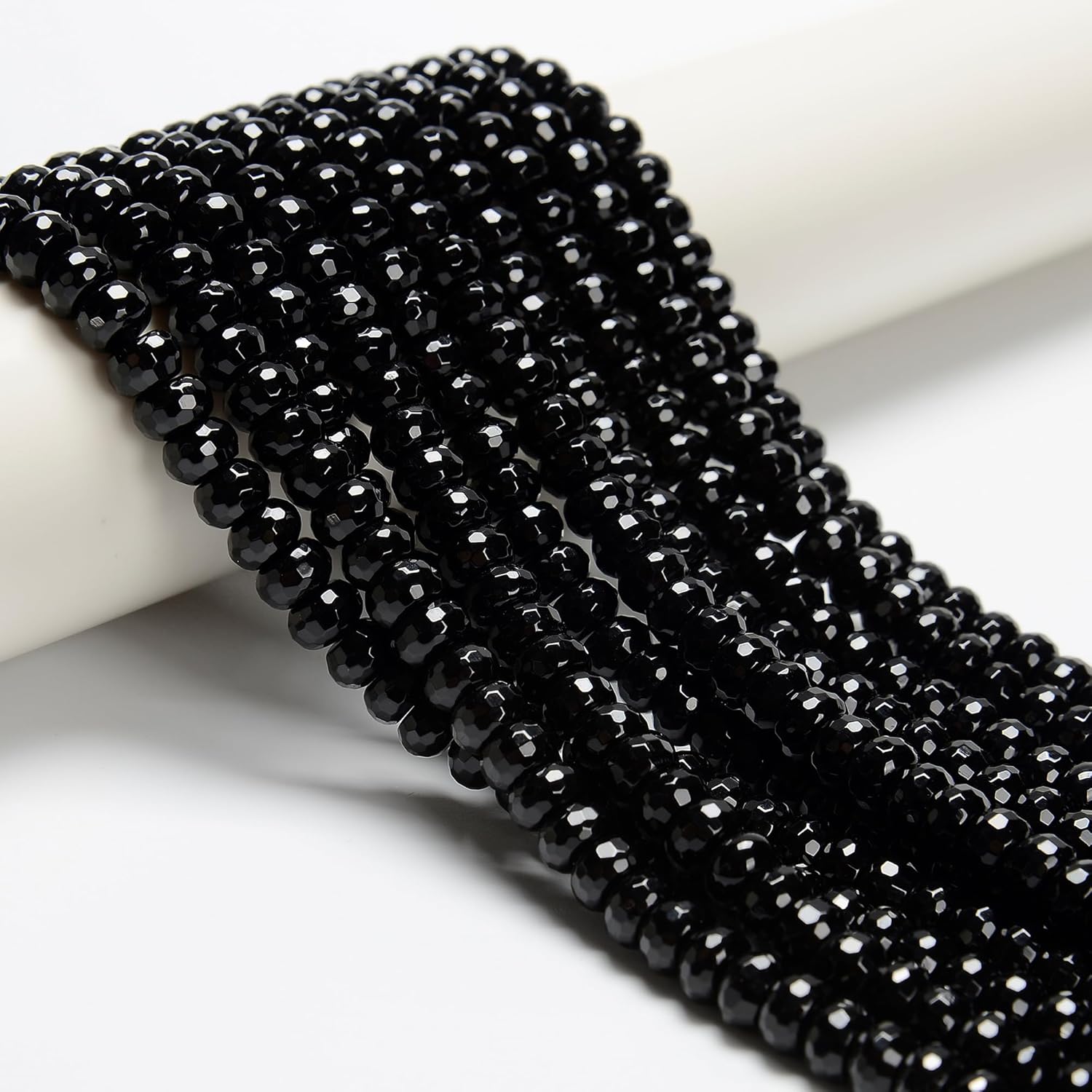 JM Design Black Onyx Faceted Rondelle Loose Gemstone Beads Size 4x6mm 15.5 Strand for Jewelry Making, Arts and Craft