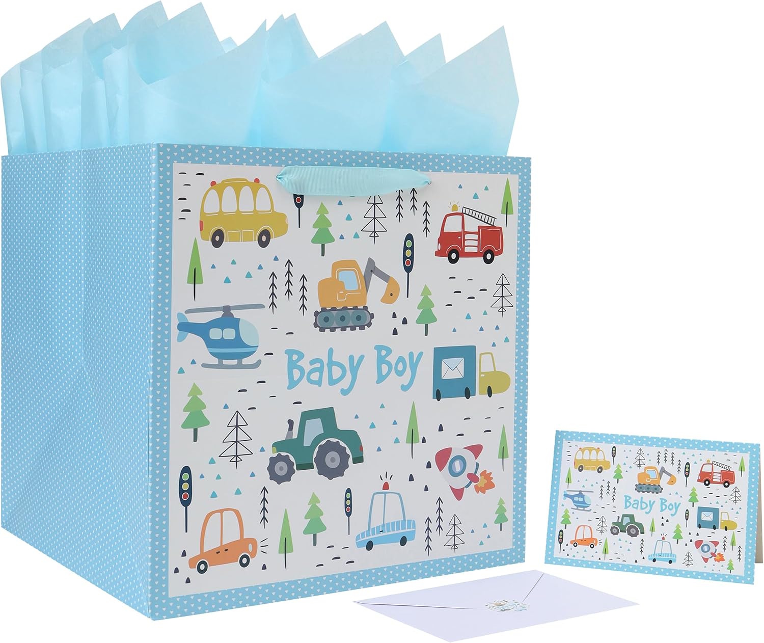 11.8'' Extra Large Square Baby Boy Gift Bag Set with Handles, Greeting Card, Tissue Papers and Stickers for Baby Boys Kids for Baby Shower, Newborn, New Moms, Little One, 1st Baby, Transportation Theme Design, 1 Pcs