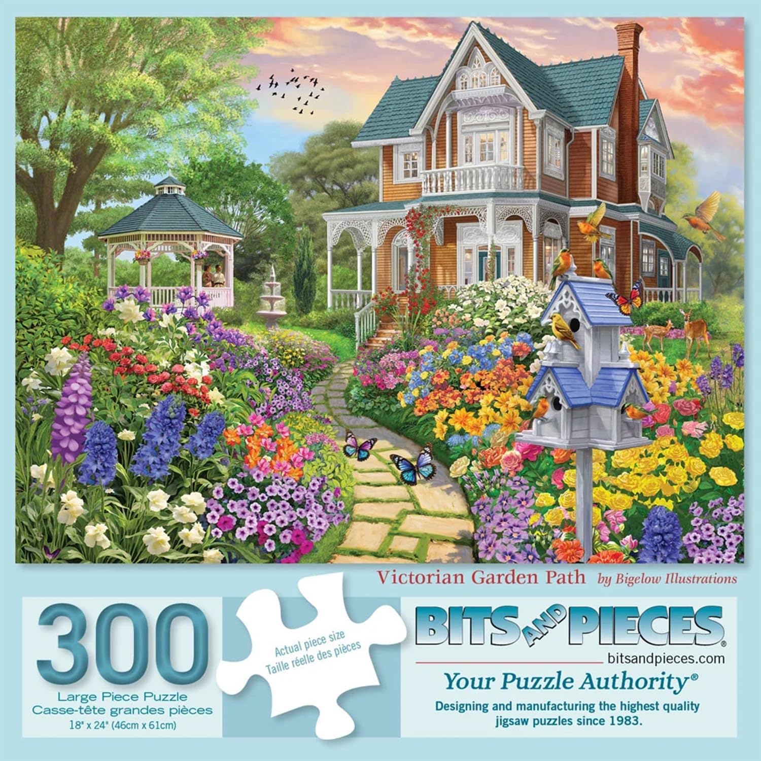 Bits and Pieces 300 Piece Puzzles for Adults 300 Large Pieces 18" x 24" Jigsaw Puzzles, Flowers Birds Gazebo, Random Die Cut, No 2 Pieces Alike, Victorian Garden Path
