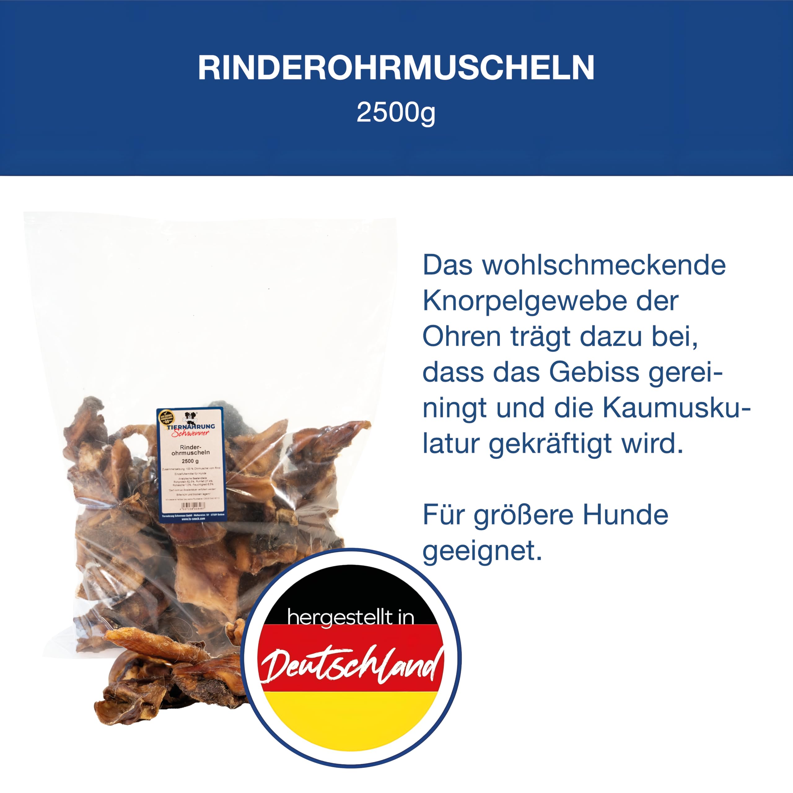 Rinderohrmuscheln getrocknet - Hundeleckerli - Kauknochen und Zahnpflege Hund – 2,5 kg - Hunde Kauartikel