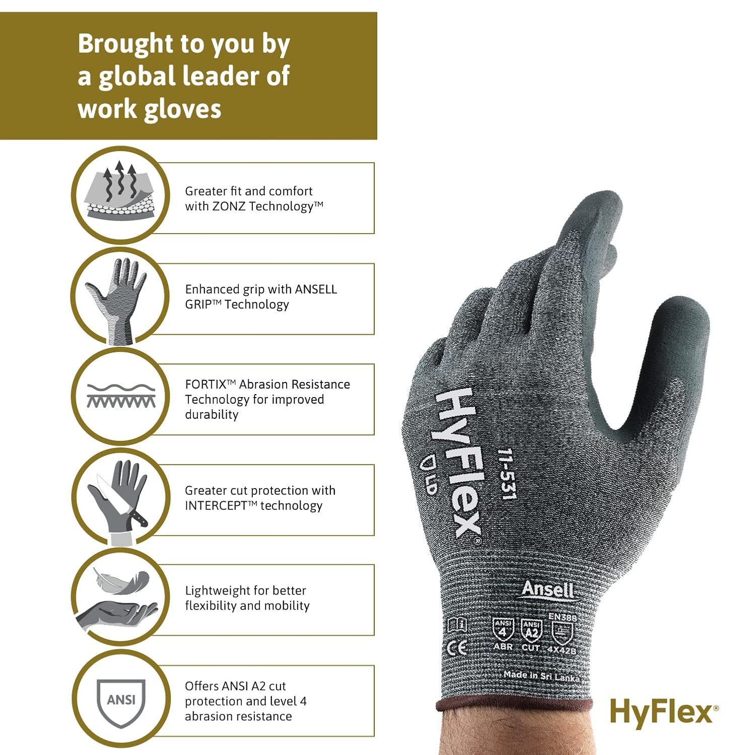 Ansell HYFLEX 11-531 Cut-Resistant Nylon Spandex Industrial Gloves w/Foam Nitrile Palm for Fabrication, Automotive - XXL (11), Grey (12 Pairs)
