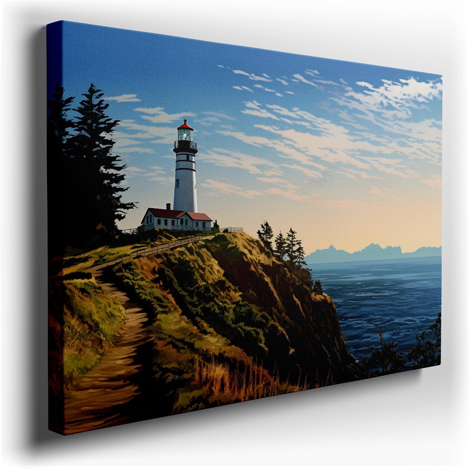 Canvas for Living Room. Lighthouse Vigil: A Beacon Above The Azure Depths, 27 x 18 inch Canvas Wall Art - Clouds - Modern Home Decor