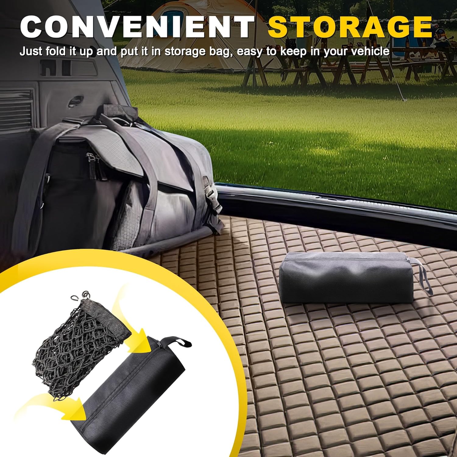 BUMBEE Heavy Duty Mesh Cargo Net 3 Pocket Trunk Bed Storage for 2005-2024 Toyota Tacoma Car, SUV, Pickup Truck Bed with Metal Carabiners Storage Bag(46x14x17Inch) - Image 3