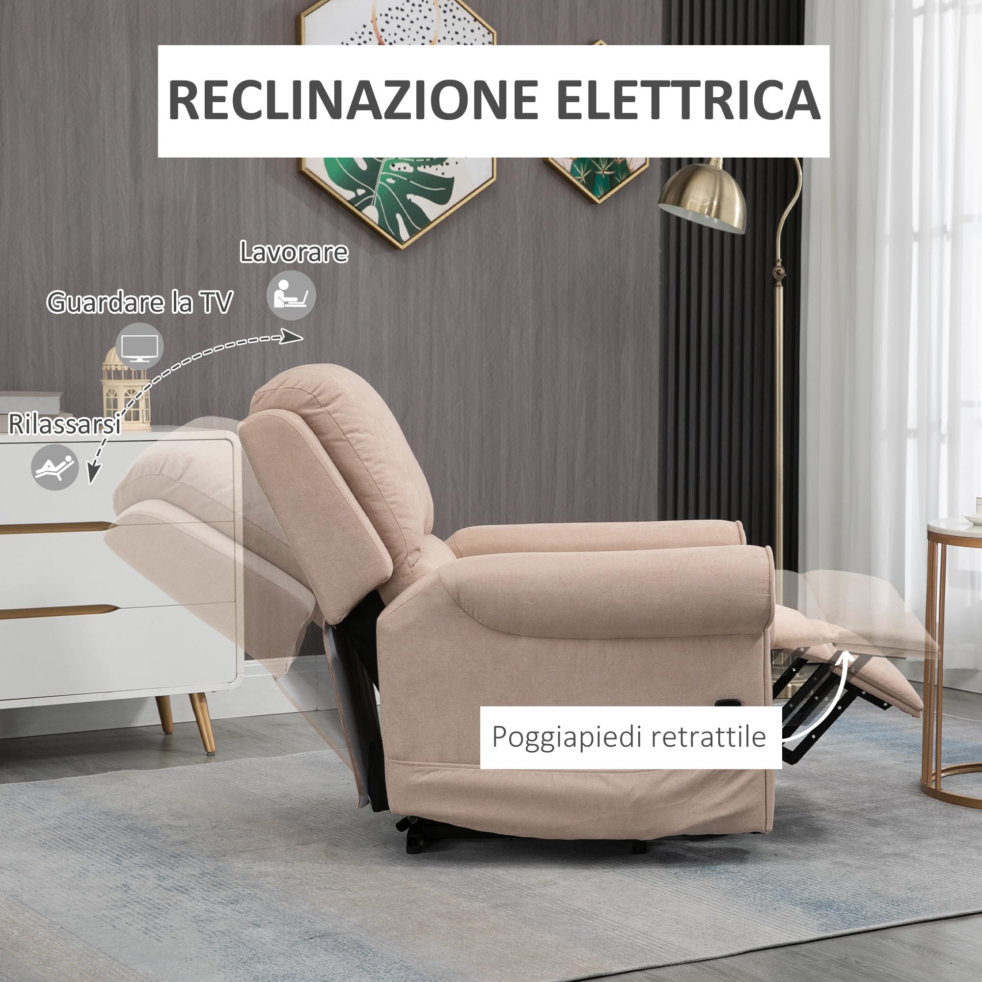 HOMCOM Poltrona Elettrica Alzapersona con 8 Punti Massaggio, Reclinabile 135°, Poltrona Relax Elettrica in Velluto per Anziani e Disabili con Telecomando, Poggiapiedi, Tasche Laterali, Marrone Chiaro