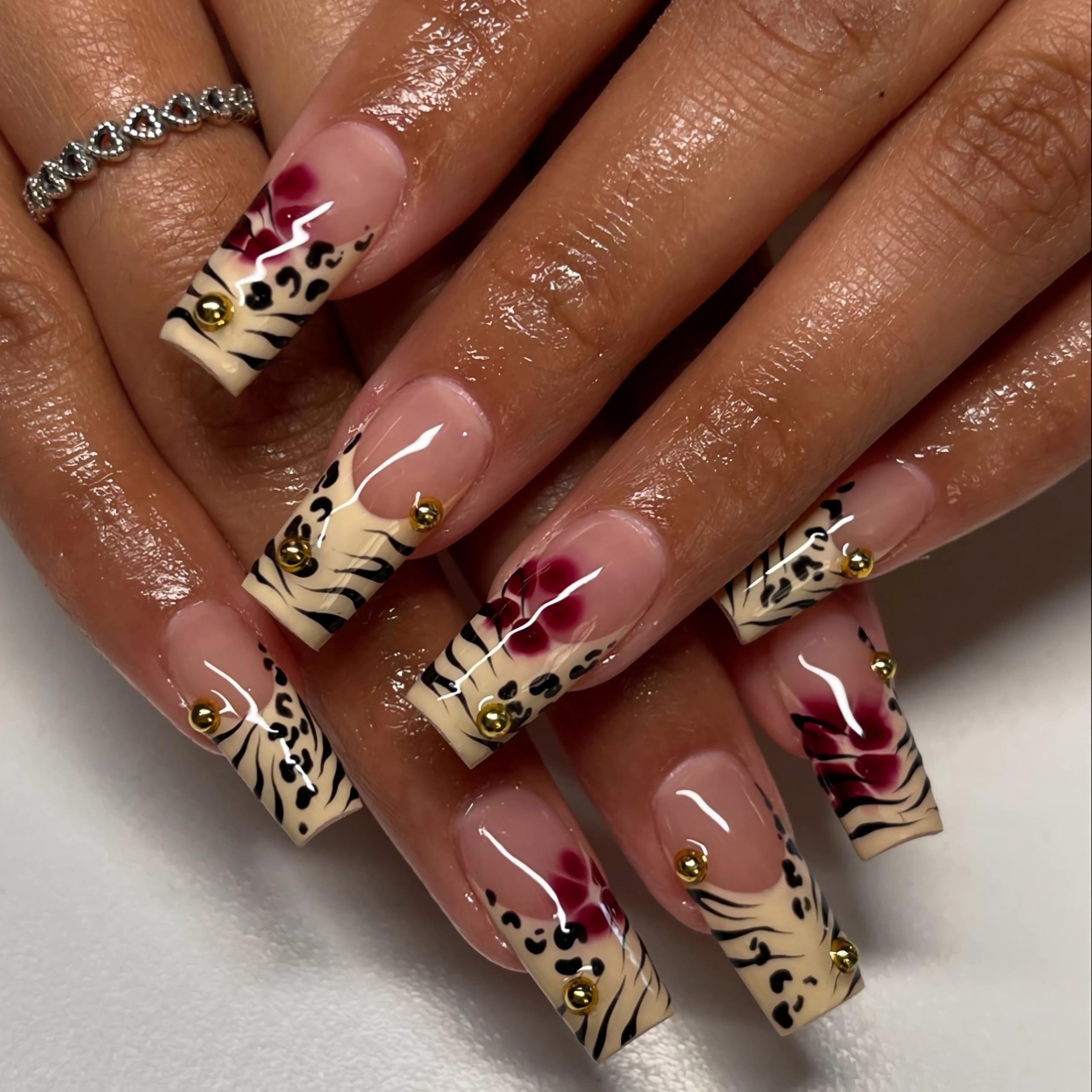 MERVF 24pcs Long Square Press on Nails Off-white French Tip Fake Nails Flower, Cheetah Leopard, Animal Print Design Squoval Coquettish Acrylic False