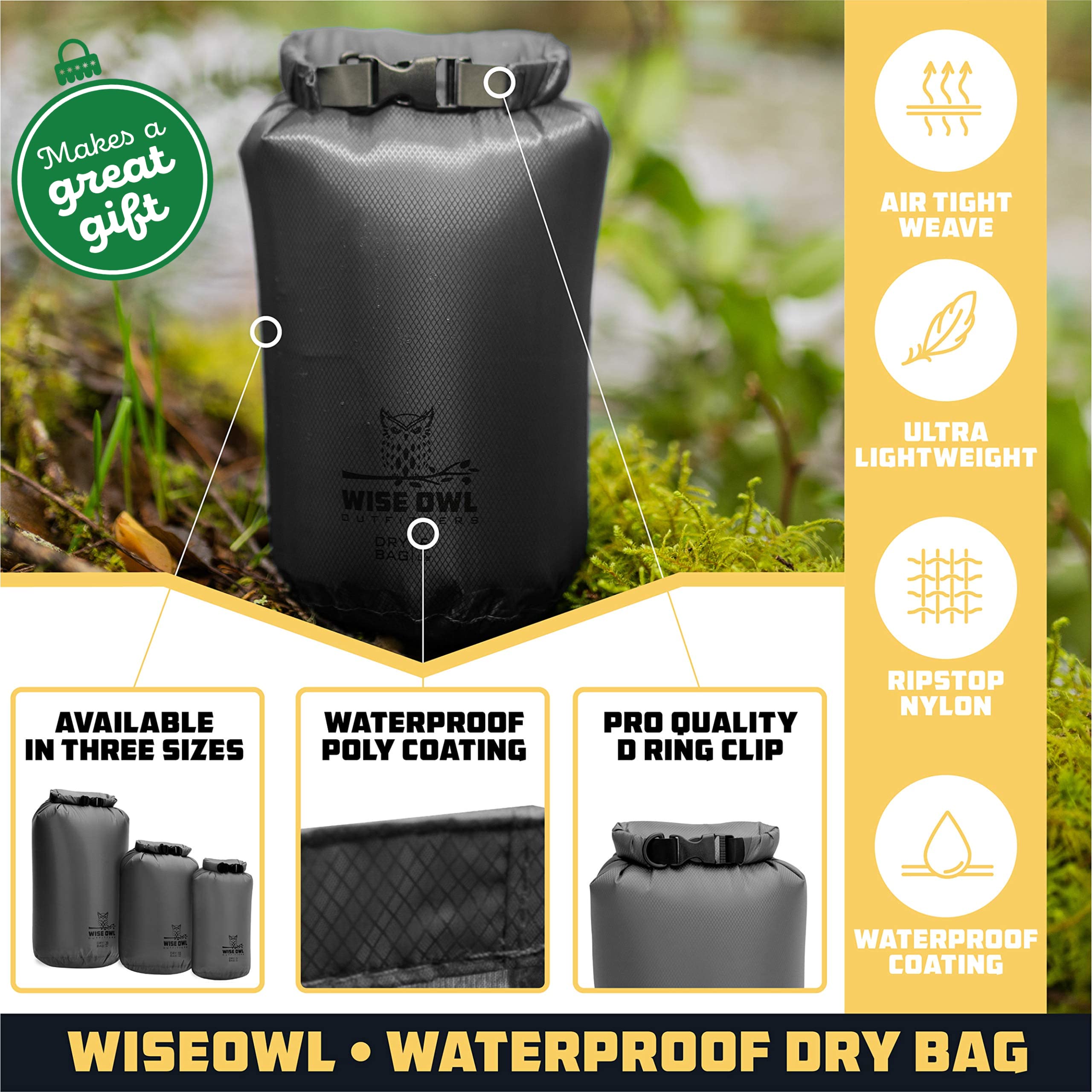 Wise Owl Outfitters Paquete de 3 bolsas impermeables ligeras y herméticas de 5L/10L/20L, bolsas secas pequeñas y grandes para kayak, playa, viajes, canotaje, senderismo