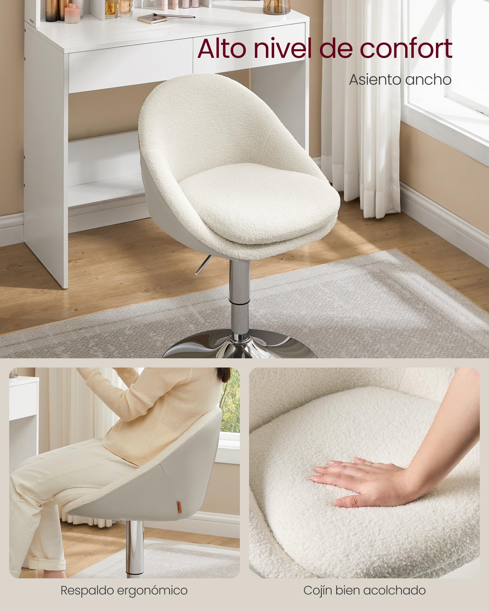 VASAGLE Silla Ajustable, Taburete de Tocador, Silla de Oficina Giratoria, Taburete de Bar con Respaldo y Base, Acero, para Mostrador, Oficina, Tocador, Comedor, Blanco Crema y Gris Plata LJB100W01