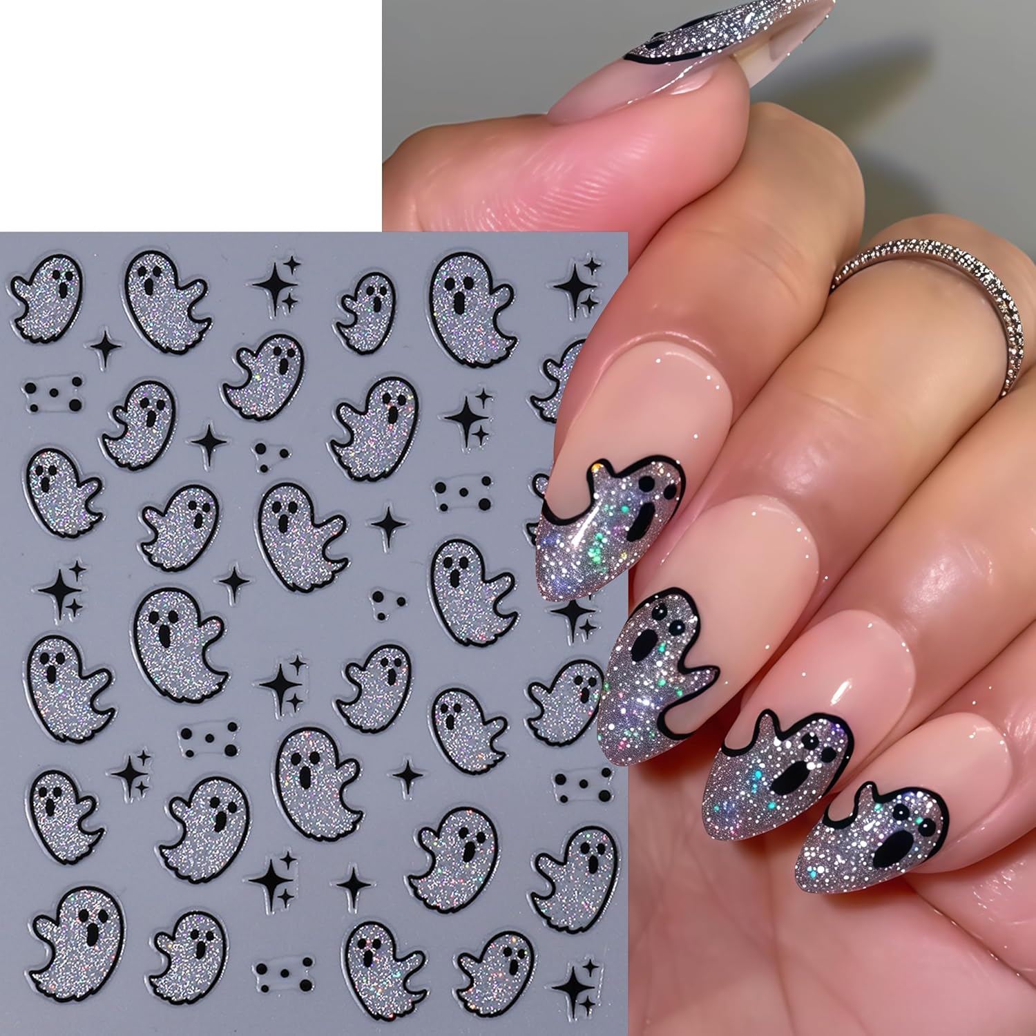 6 Sheets Halloween Nail Art Stickers 3D Self Adhesive Cute Ghost Nail Decals Glitter Silver Ghost French Nail Design Holiday Cute Little Ghost Nail Supplies for Halloween Party DIY Manicure Supplies image 2