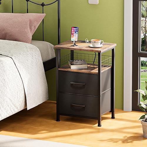 Miniatura 41 de Juego de 2 mesitas de noche con estación de carga, juego de 2 con tira de luz LED de 20 colores, 3 cajones de tela, mesita de noche con puertos USB