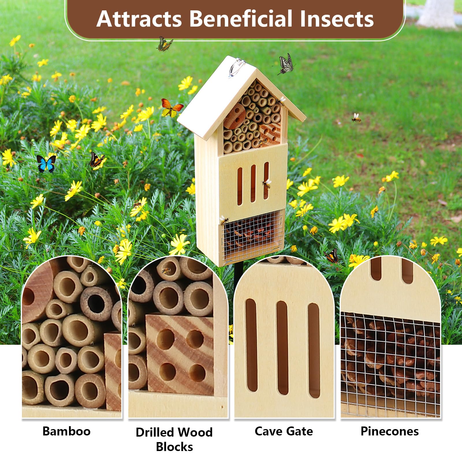 Lettry Casetta per insetti in legno, con paletto in metallo, per giardino, casa delle api e hotel per farfalle a terra o appesa alla parete dell'albero, habitat naturale per insetti per api, farfalle