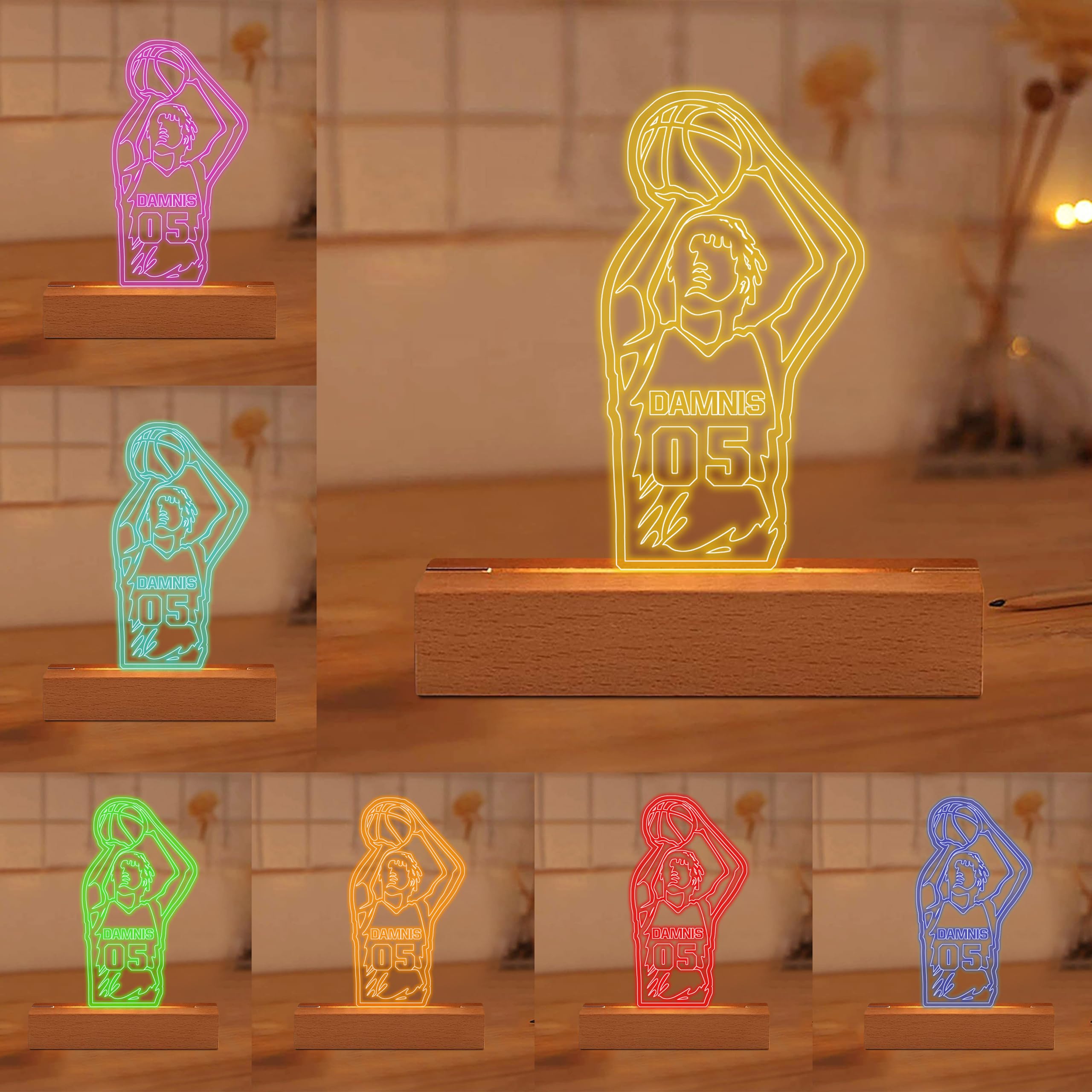 Collienght Personalized Basketball Player Name Number Acrylic Lamp Basketball Sports Night Light Basketball Illusion LED Lamp Bedroom Sports Decor Lamp for Kids Boy Men Basketball Lover Fans Coach