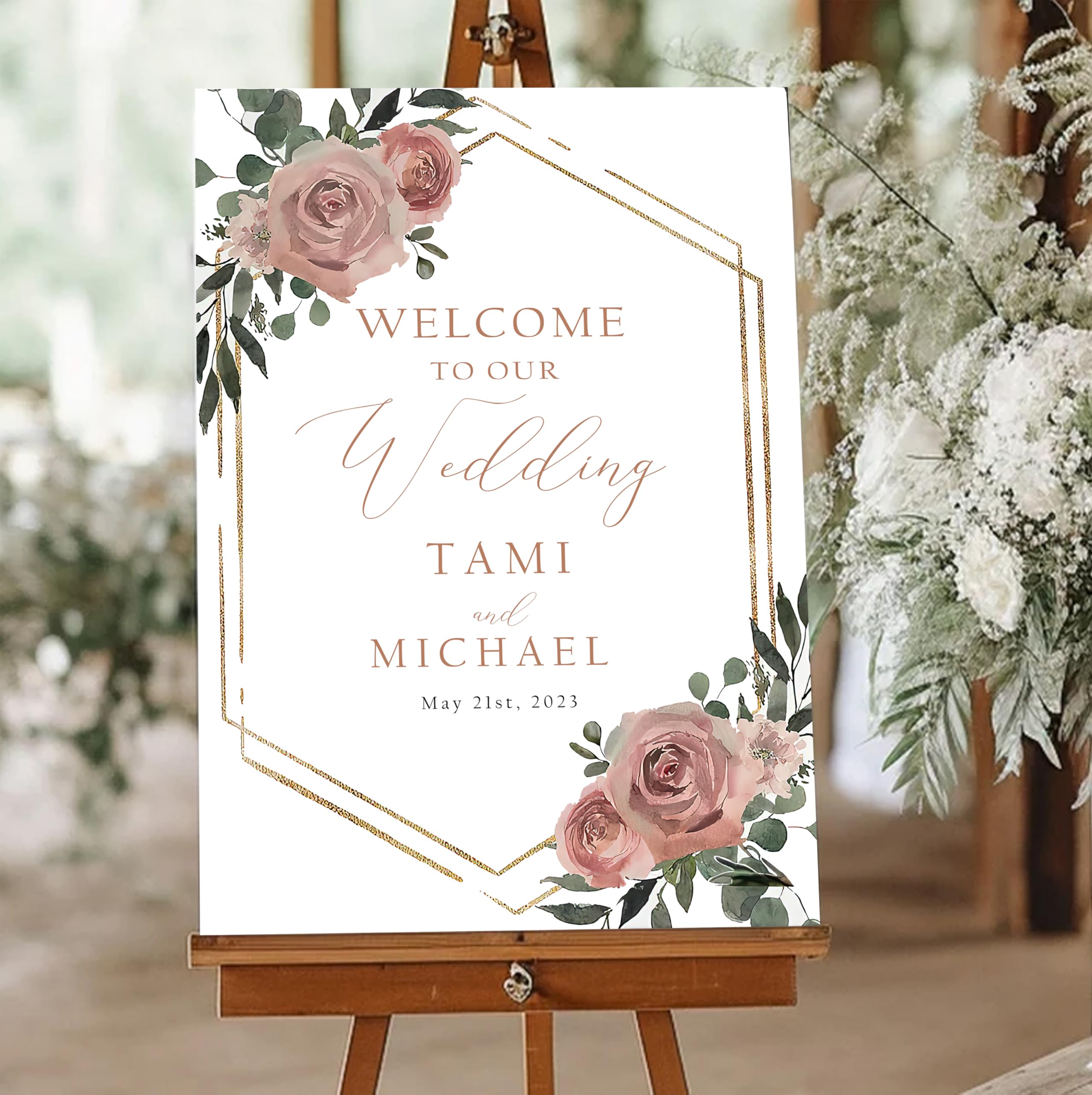 Personalized Welcome Wedding Sign, Dusky Pink Floral Wedding Sign, Wedding Welcome Sign With Stand, Custom Welcome Sign Wedding Decorations For Ceremony, Gold Welcome Sign