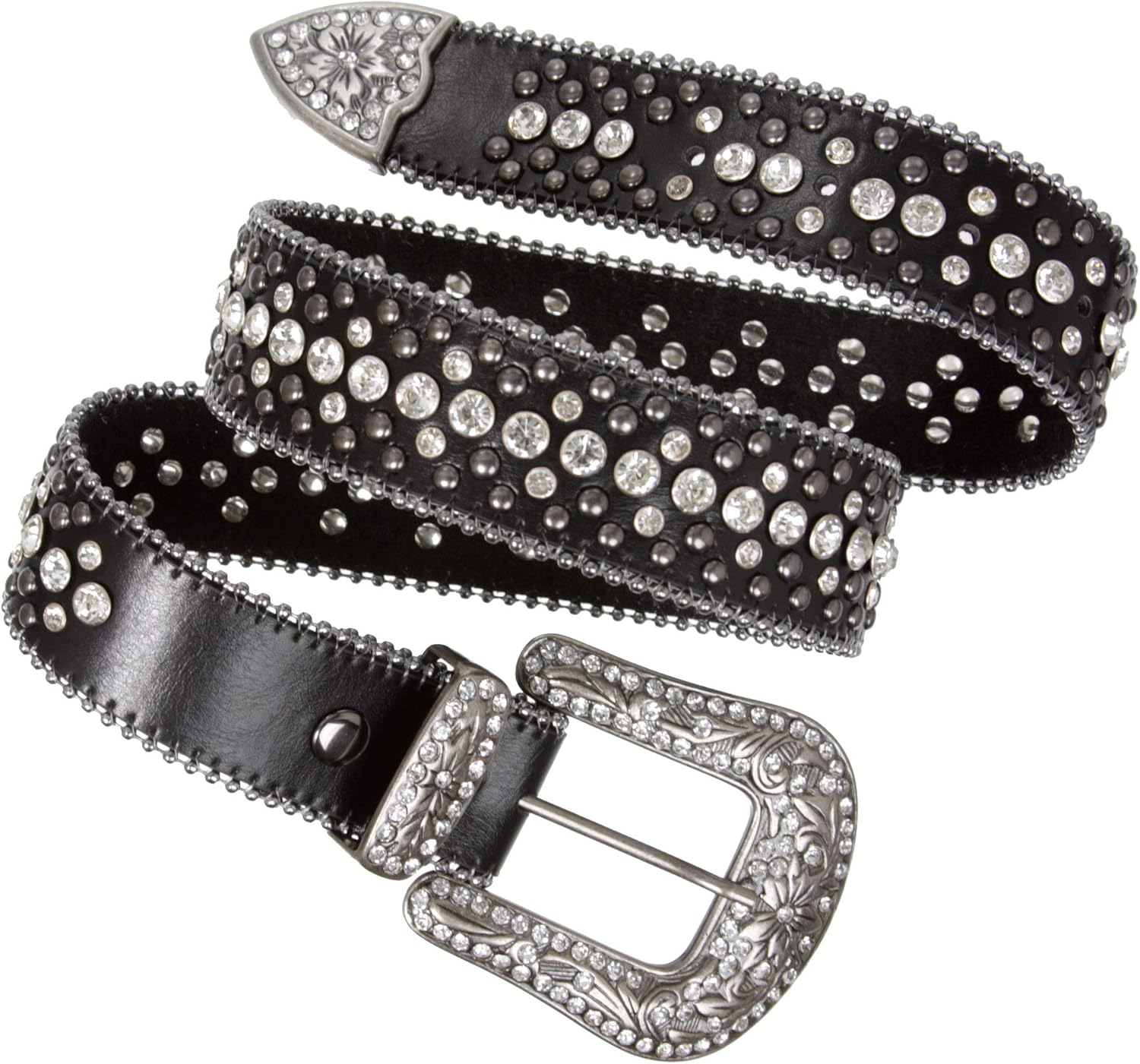 Snap On Rhinestone and Gun Metal Color Circle Studded Leather Belt