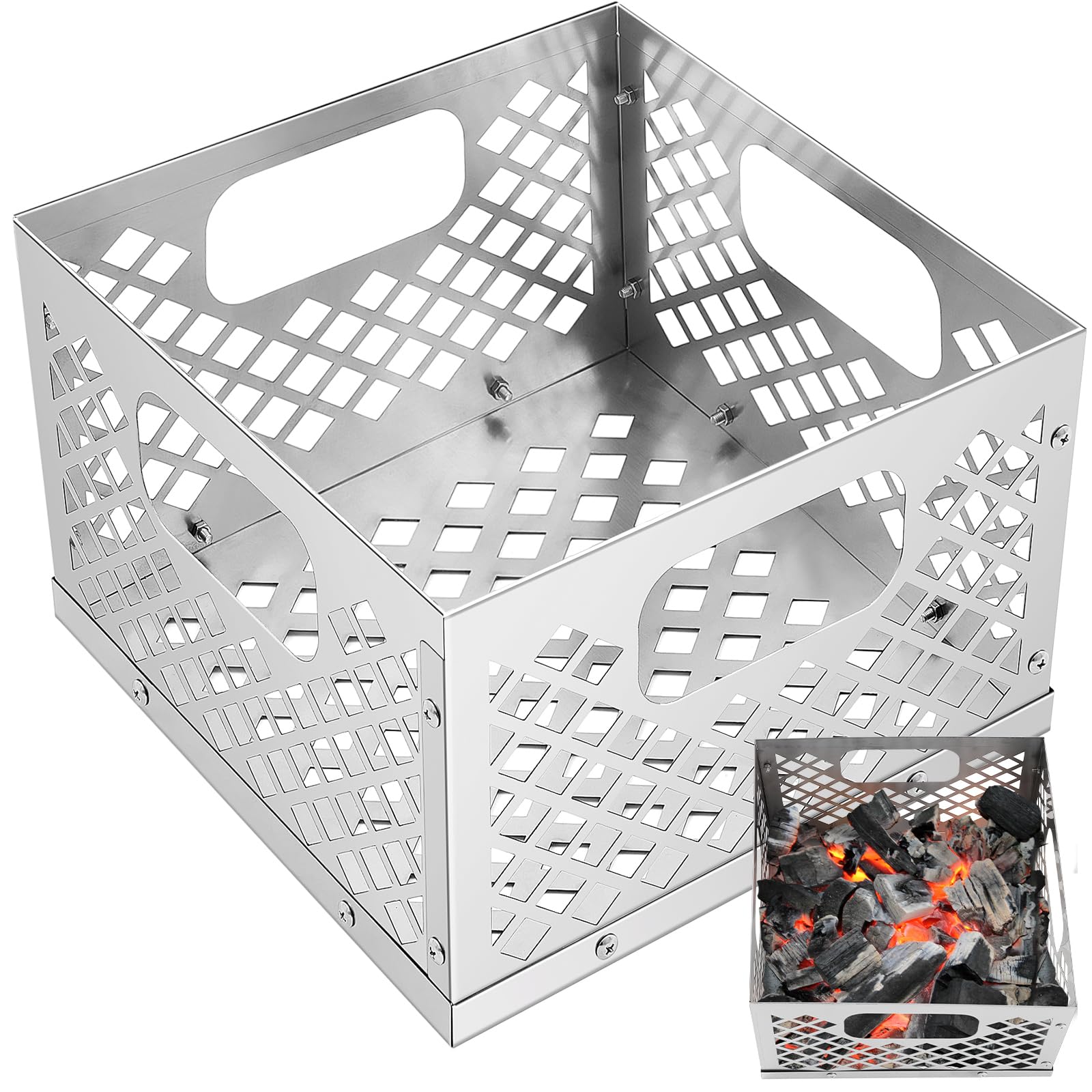 Cesta de carbón de 12 x 12 x 7.5 pulgadas para ahumador offset, cesta de fuego de acero inoxidable, caja de fuego para ahumador, barbacoa, accesorios para parrilla