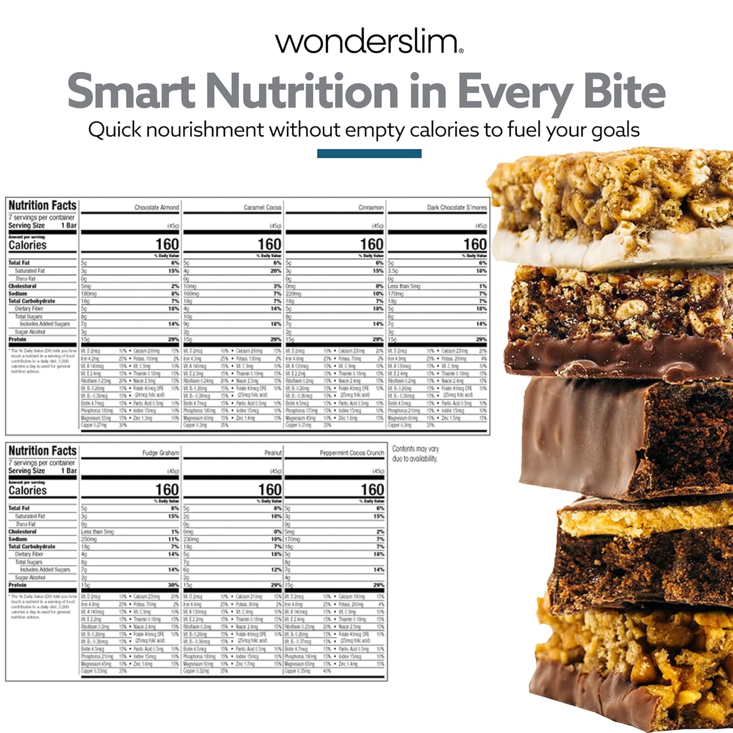 WonderSlim Meal Replacement Protein Bar, Variety Pack, 15g Protein, 20 Vitamins & Minerals (7ct)