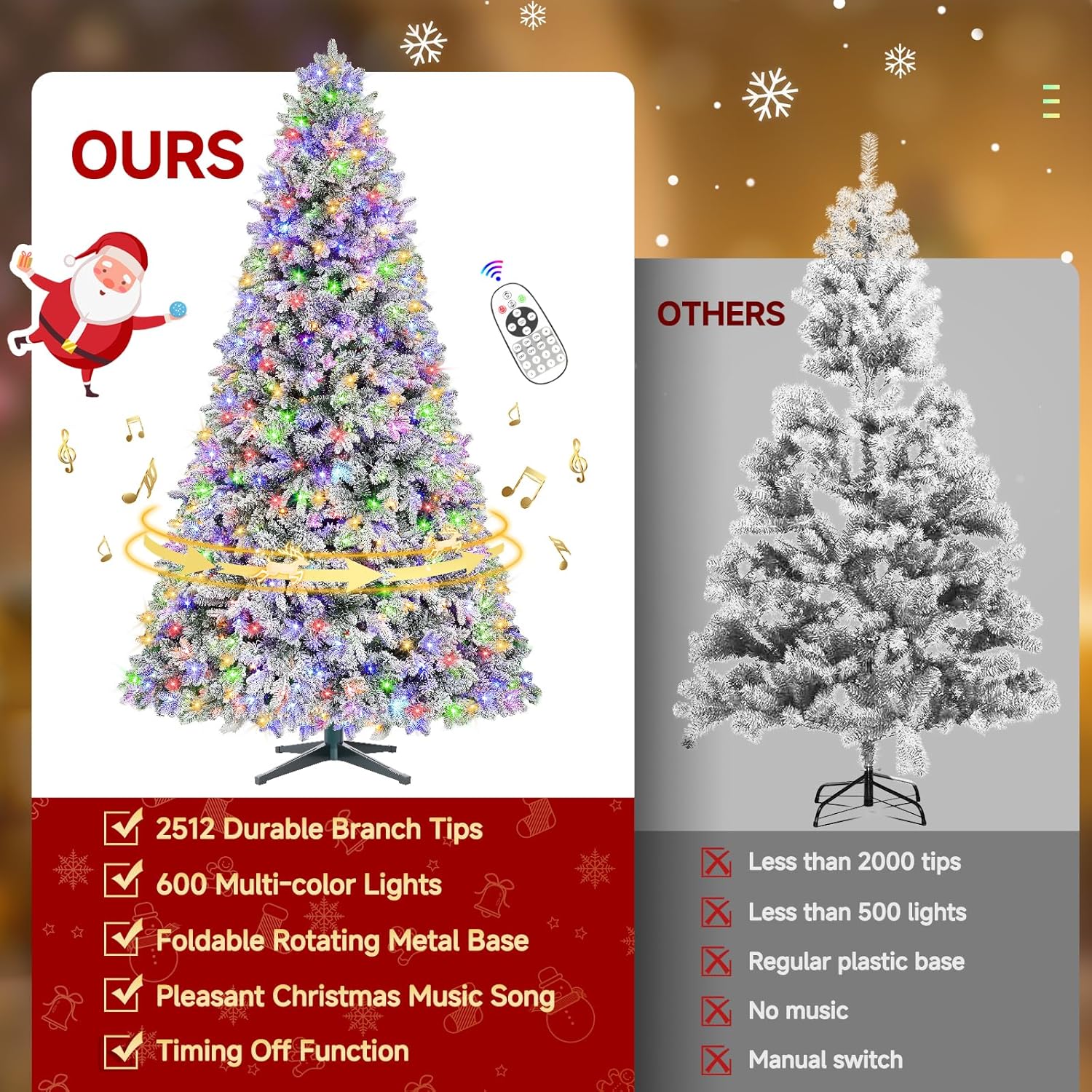 9ft Pre-Lit Flocked Artificial Christmas Tree with Remote Control - Rotating Stand, 600 Warm White LEDs & 2512 Tips for Holiday Decor