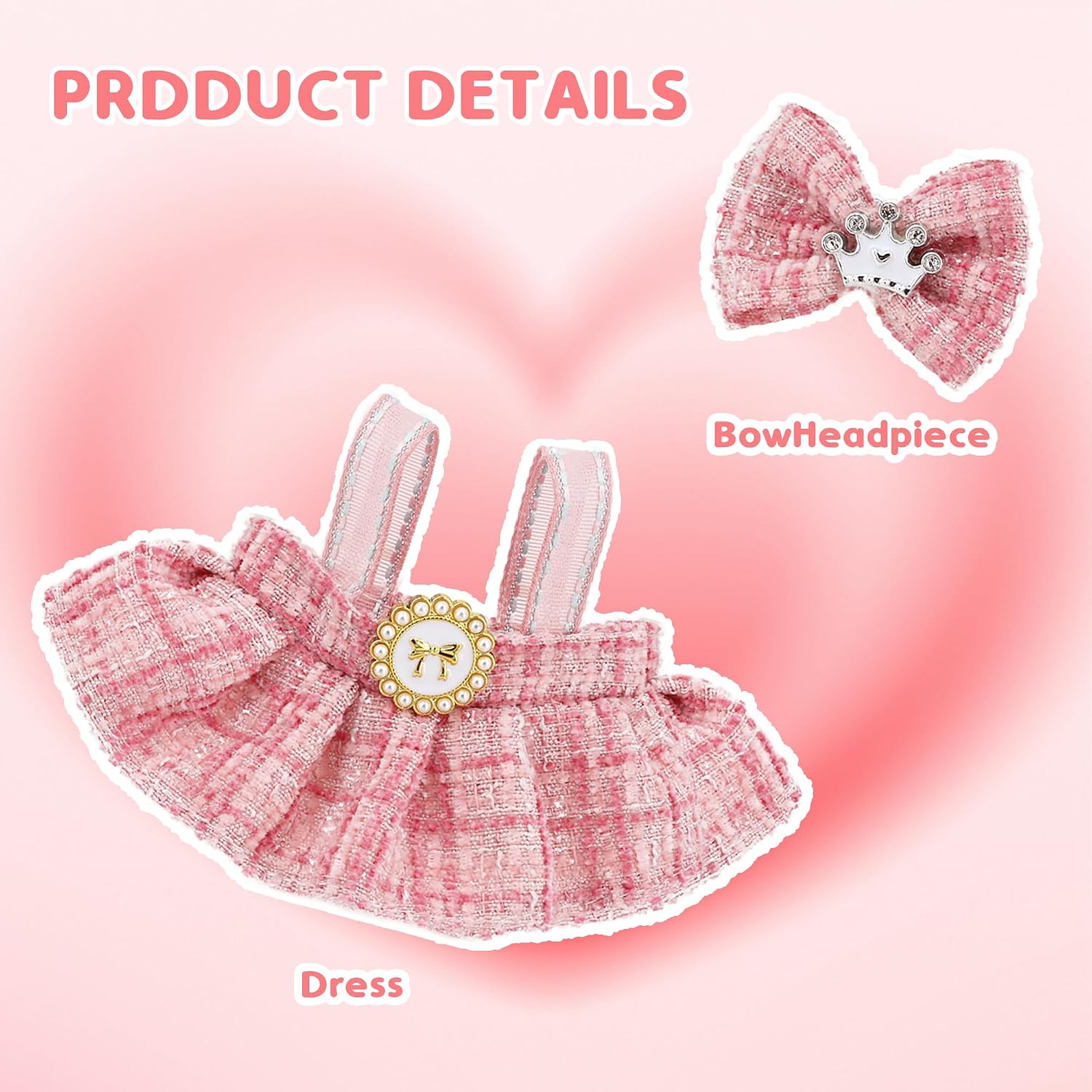2-Piece Pink Princess Dress Set for 17cm Labubu Dolls - Outfit Includes Shimmering Dress & Crown Hair Clip (Doll Not Included) image 3
