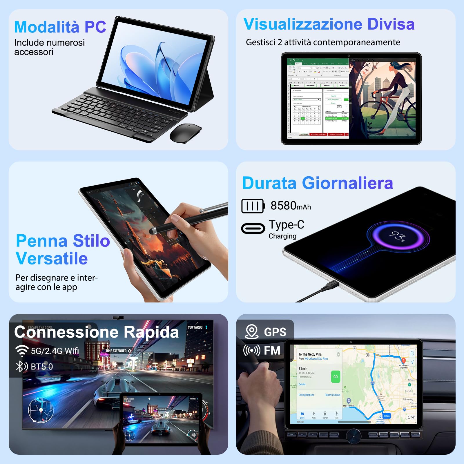 Tablet 11 Pollici Android 15, Schermo 2K IPS, 36GB+256GB/1TB TF, 5G WiFi, Octa-Core 90Hz, 8580mAh, 13MP, GPS, Tablets con Tastiera/Mouse/Penna/Auricolare/Case