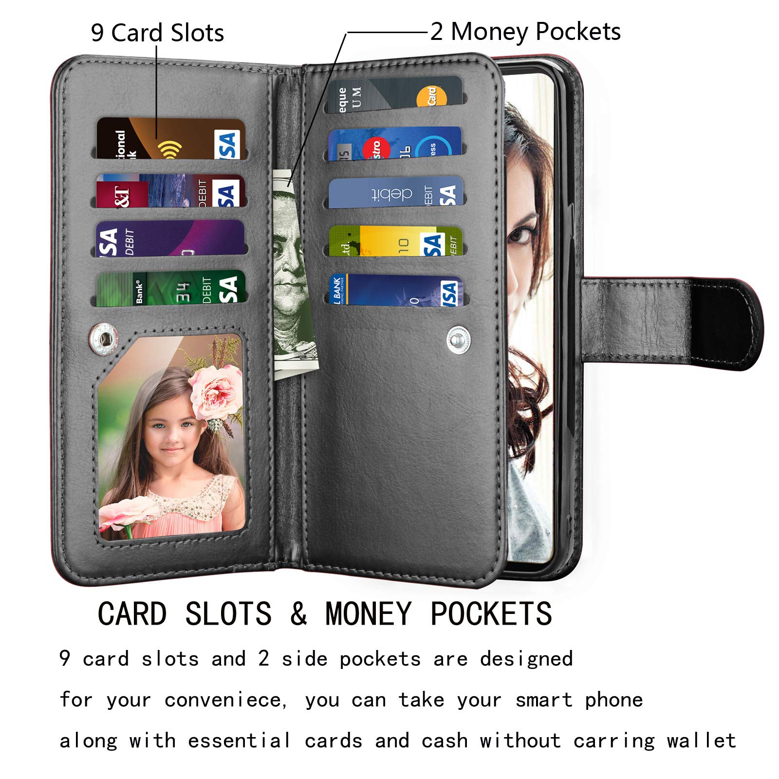 NJJEX Case for LG Stylo 6, PU Leather Wallet Folio, 9 Card Slots, Magnetic Phone Cover & Lanyard, Black